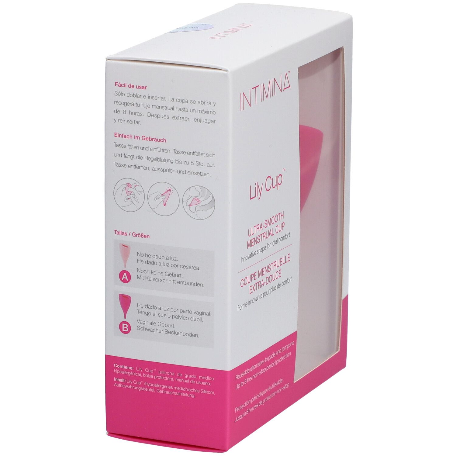 Verpackung der Intimina Lily Cup. Box mit Text und Illustrationen. Rosa Menstruationstasse durch Fenster sichtbar.