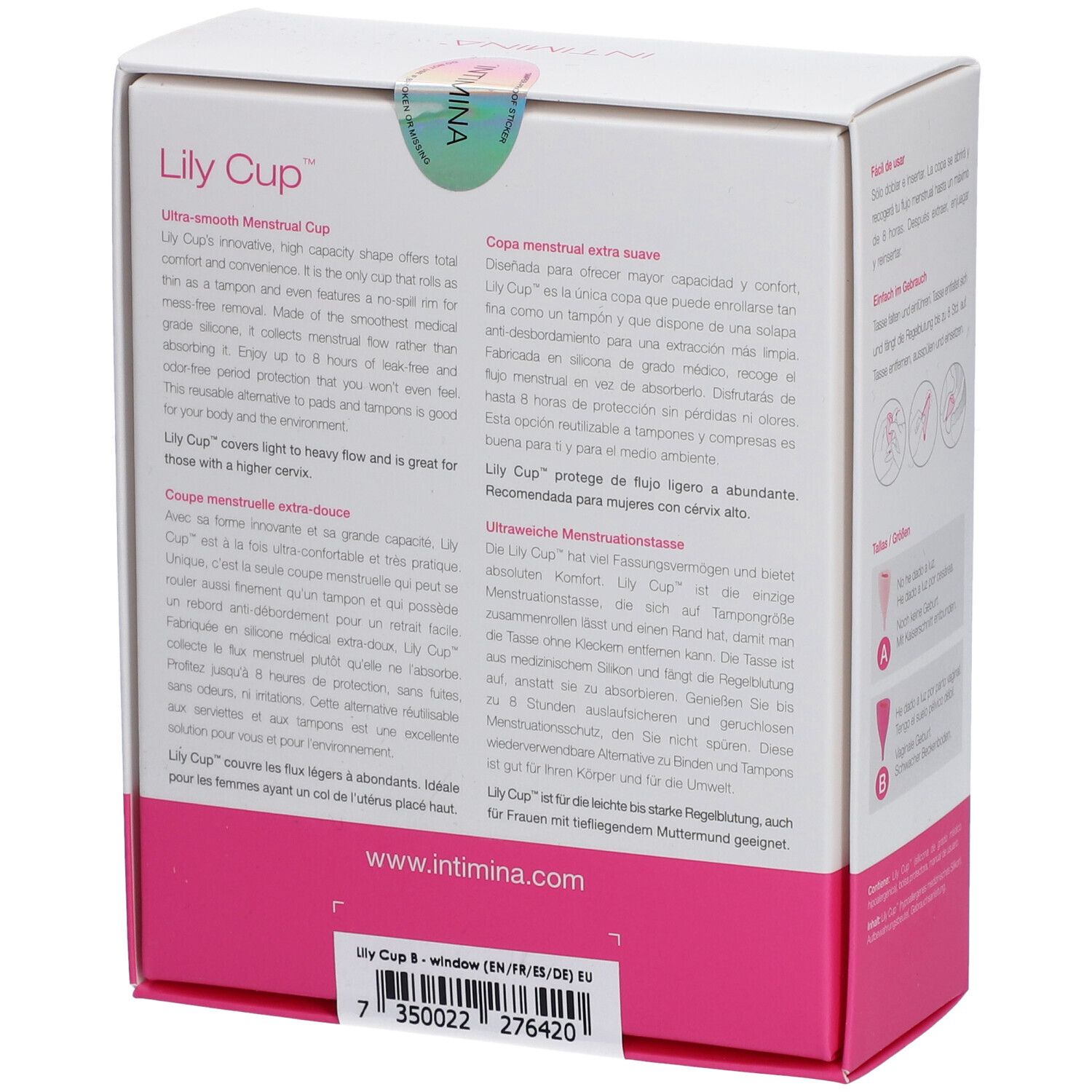 Rückseite der Intimina Lily Cup Verpackung. Text in mehreren Sprachen. Aufkleber mit grünem Kreis.