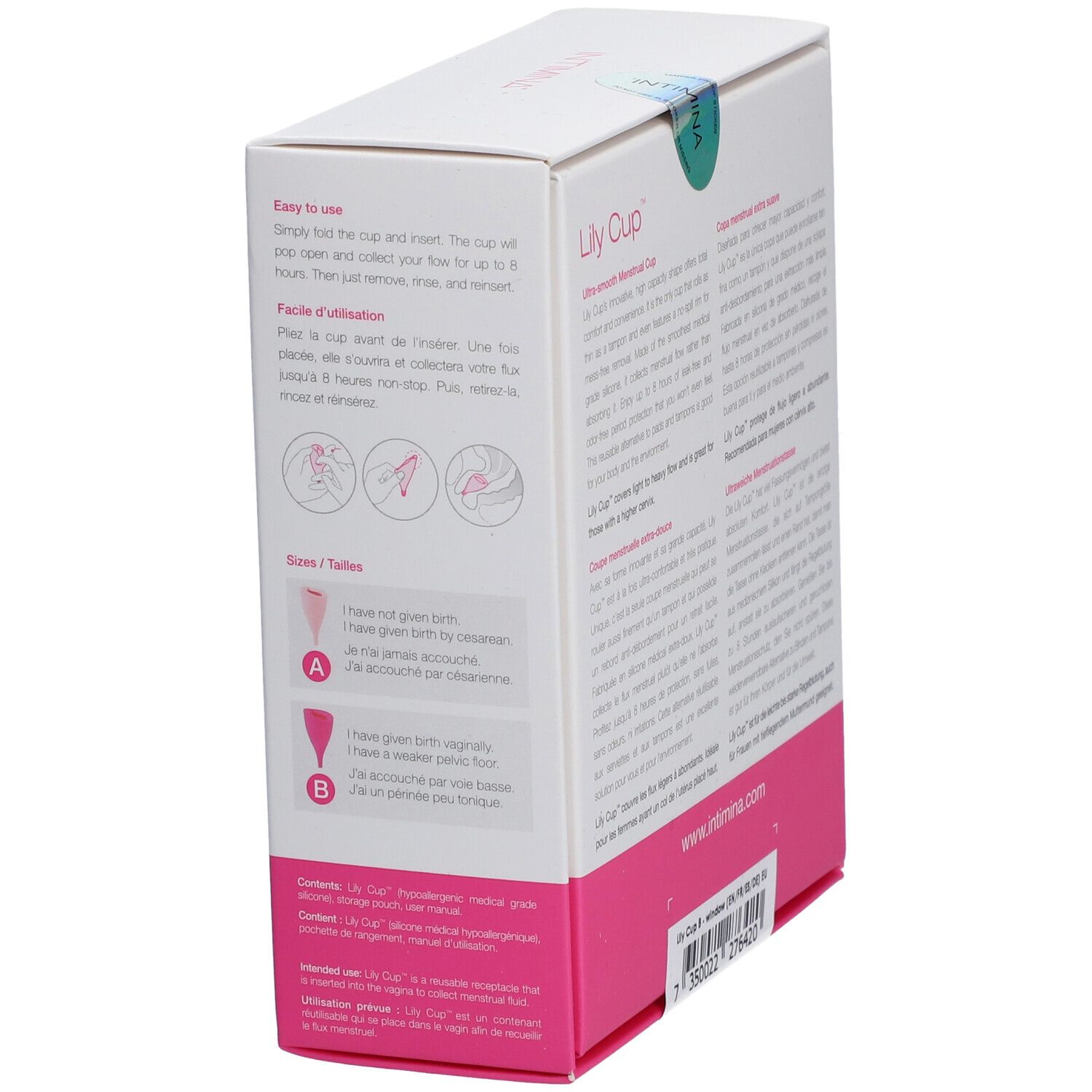Rückseite der Intimina Lily Cup Verpackung. Text und Illustrationen. Box mit rosa Akzenten.