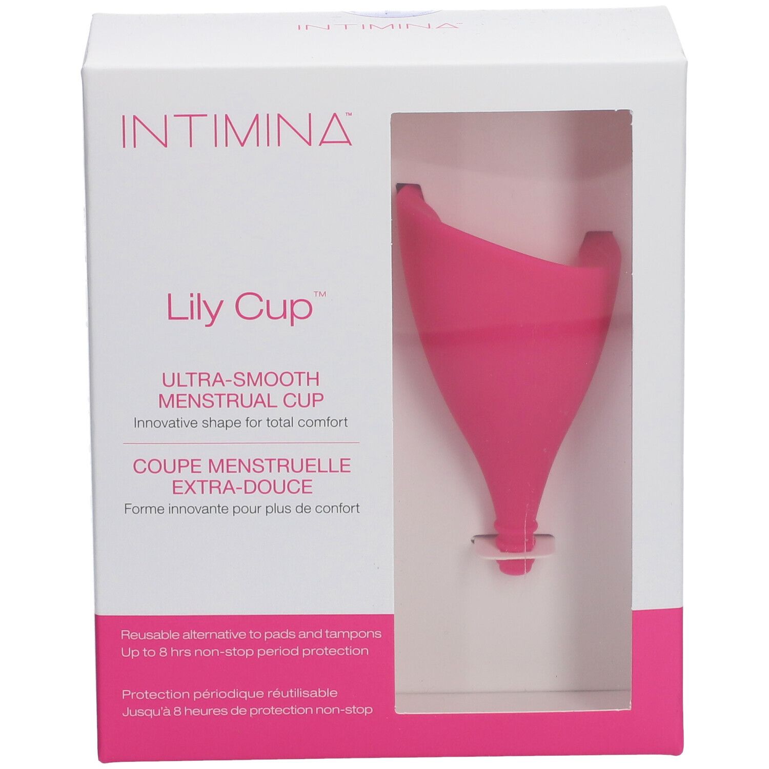 Intimina Lily Cup in Verpackung. Rosa Menstruationstasse in weißer Box mit Sichtfenster. Text: Ultra-Smooth Menstrual Cup.