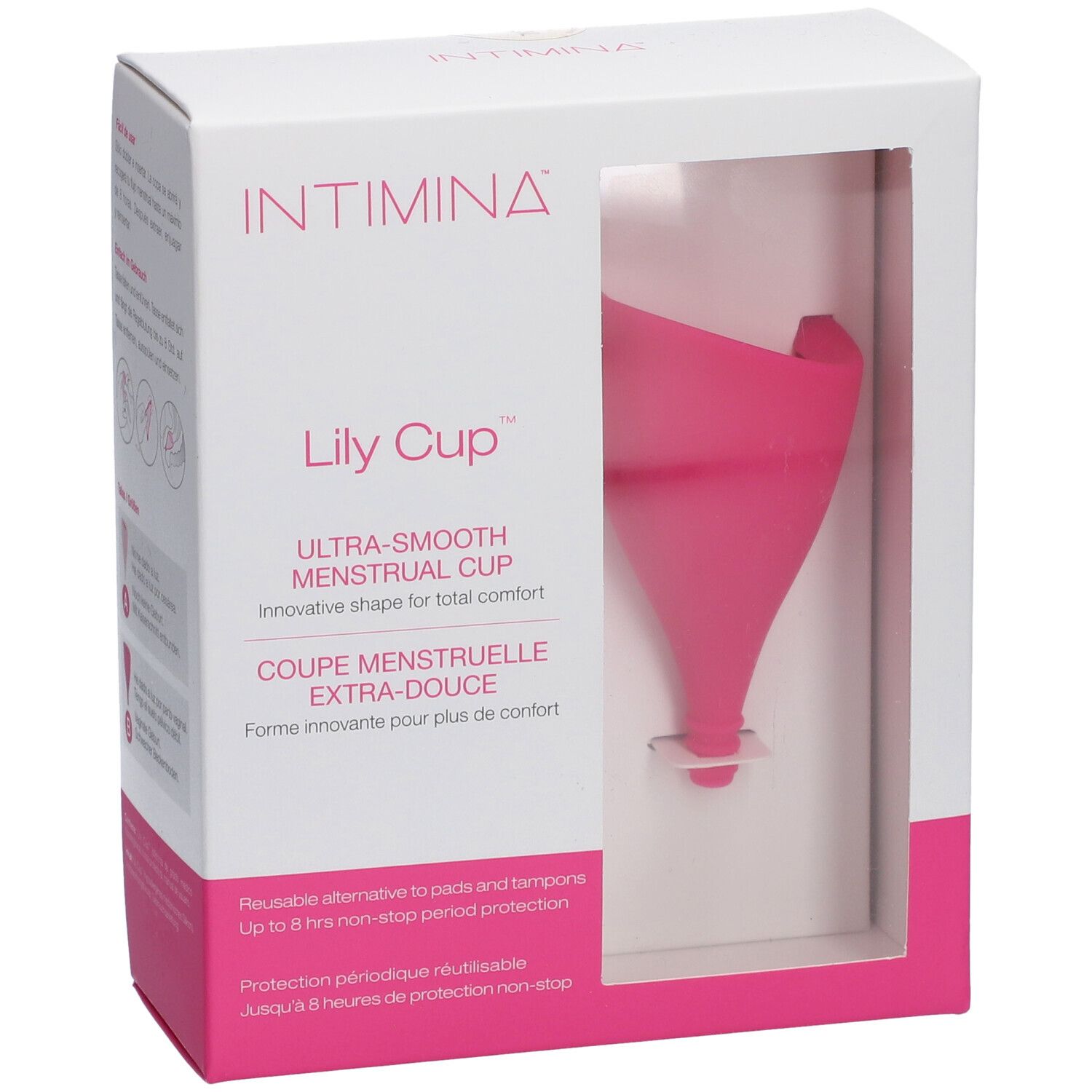 Intimina Lily Cup in Verpackung. Rosa Menstruationstasse in weißer Box mit Sichtfenster. Text: Ultra-Smooth Menstrual Cup.