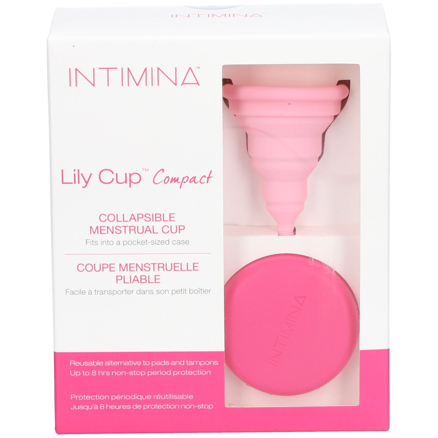 Boîte avec coupe menstruelle et étui. Visible : coupe rose, étui rose, nom du produit et marque.