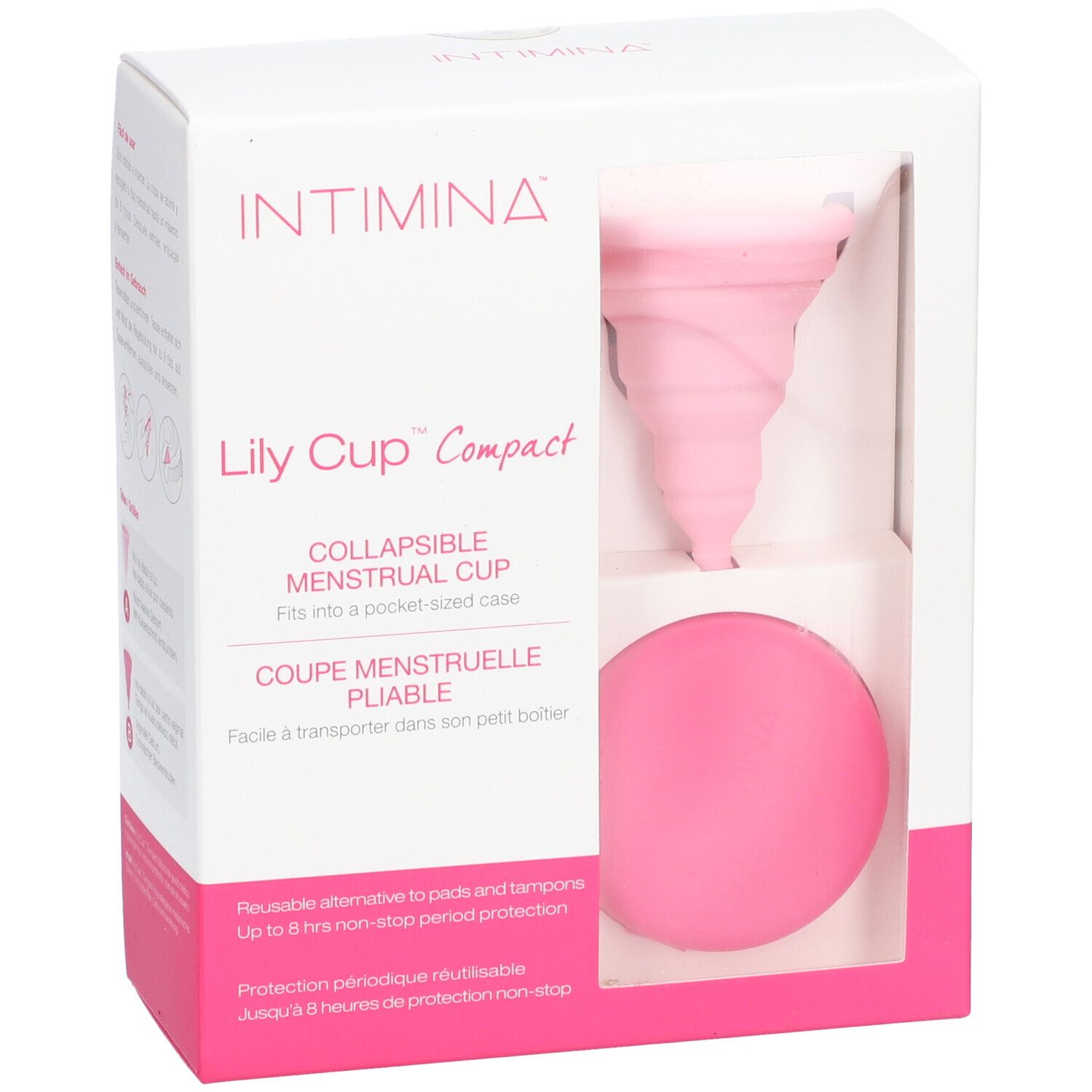 Boîte avec coupe menstruelle et étui. Visible : coupe rose, étui rose, nom du produit et marque.