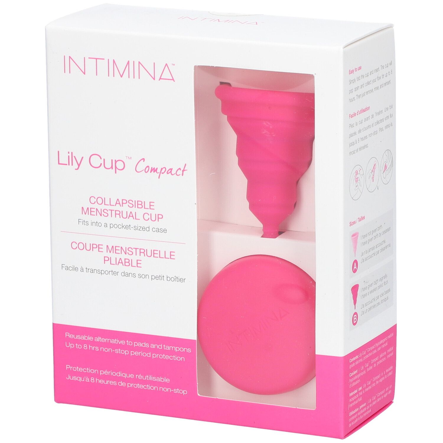 INTIMINA Lily Cup Compact B. Pinke Menstruationstasse und Etui in Verpackung. Sichtfenster.