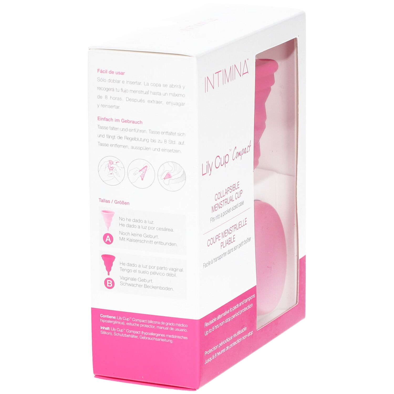 INTIMINA Lily Cup Compact B. Verpackung mit Text und Illustrationen. Rosa Akzent.