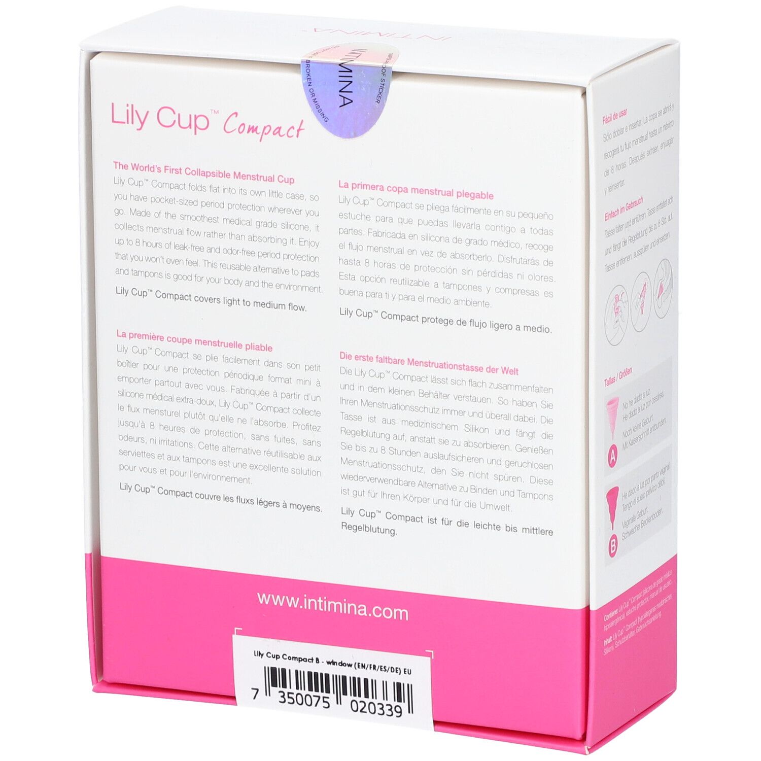 INTIMINA Lily Cup Compact B. Verpackung, Text und Siegel. Rosa und weiß.