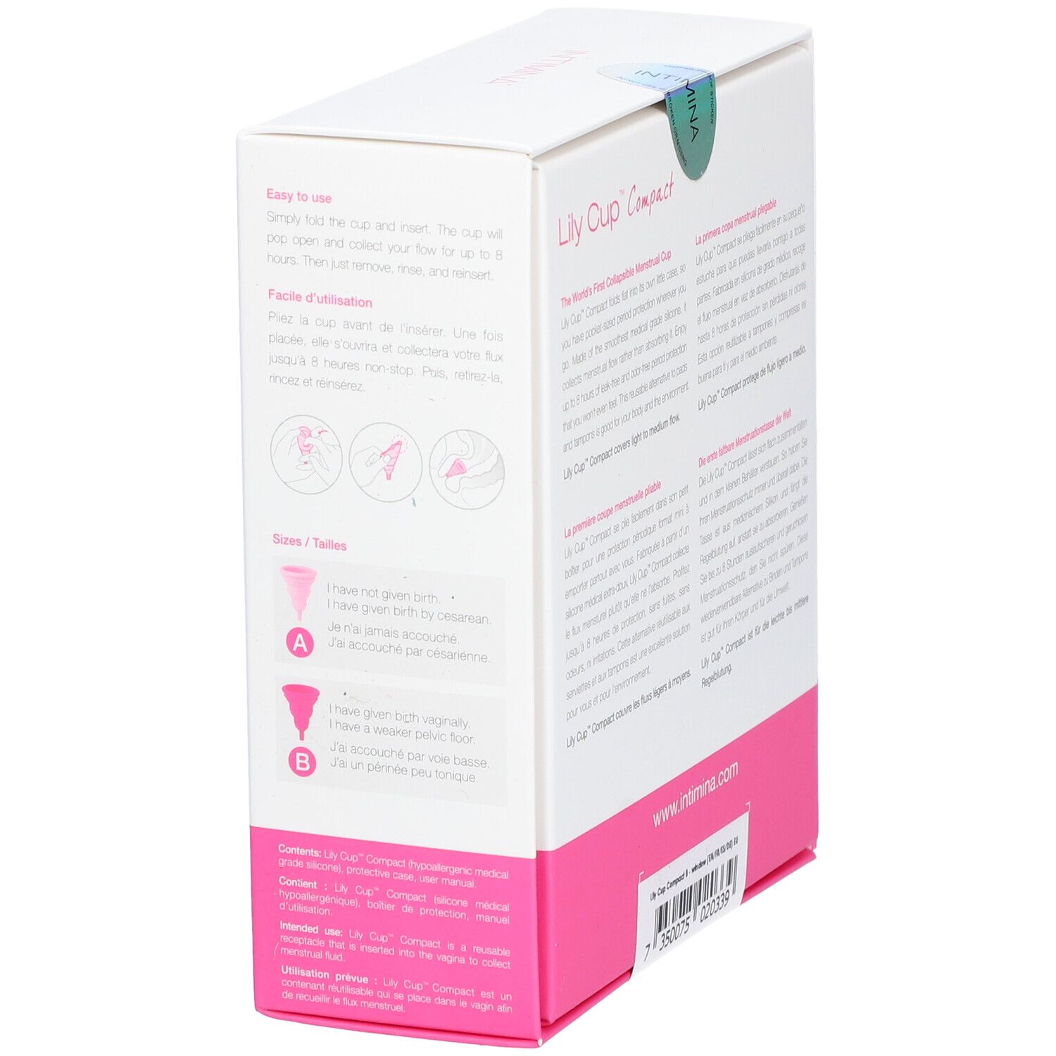 INTIMINA Lily Cup Compact B. Verpackung mit Text und Illustrationen. Rosa Akzent.