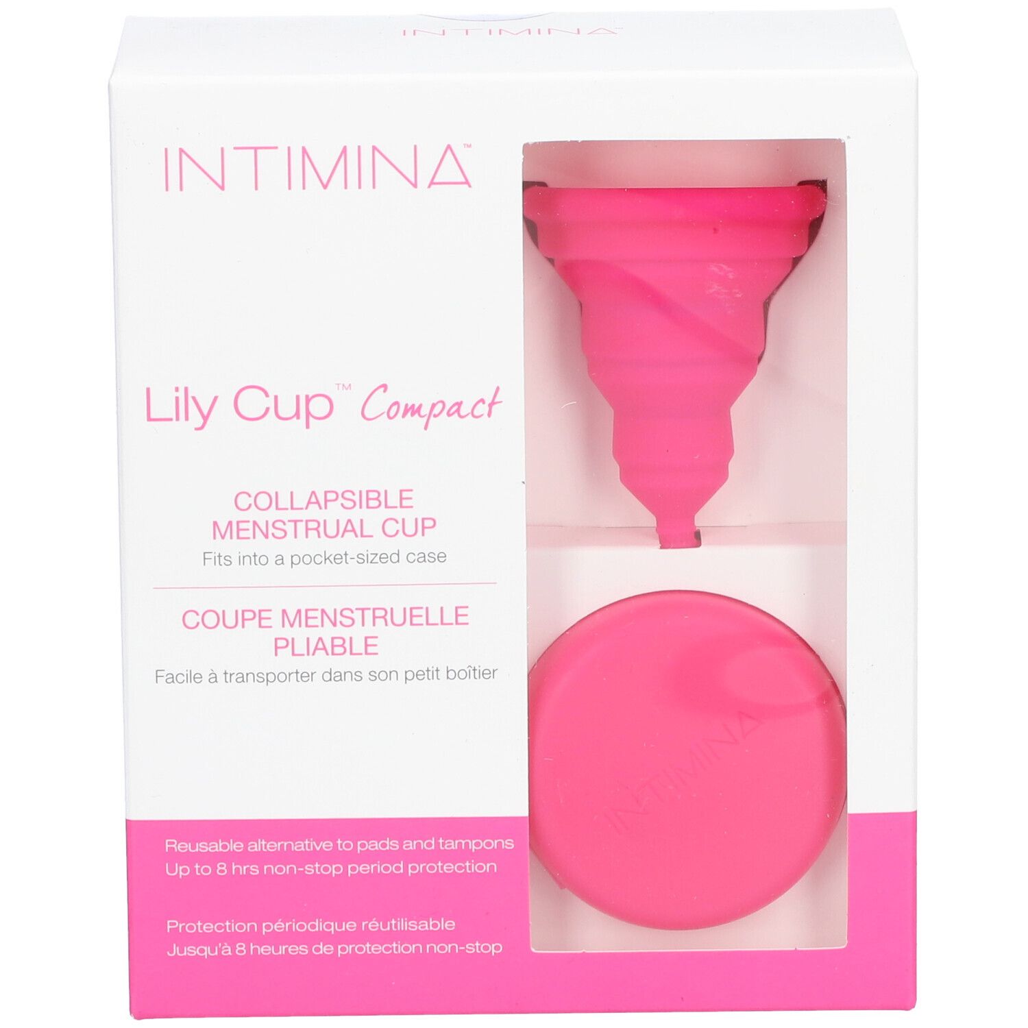 INTIMINA Lily Cup Compact B. Menstruationstasse und Etui in Verpackung. Sichtfenster.