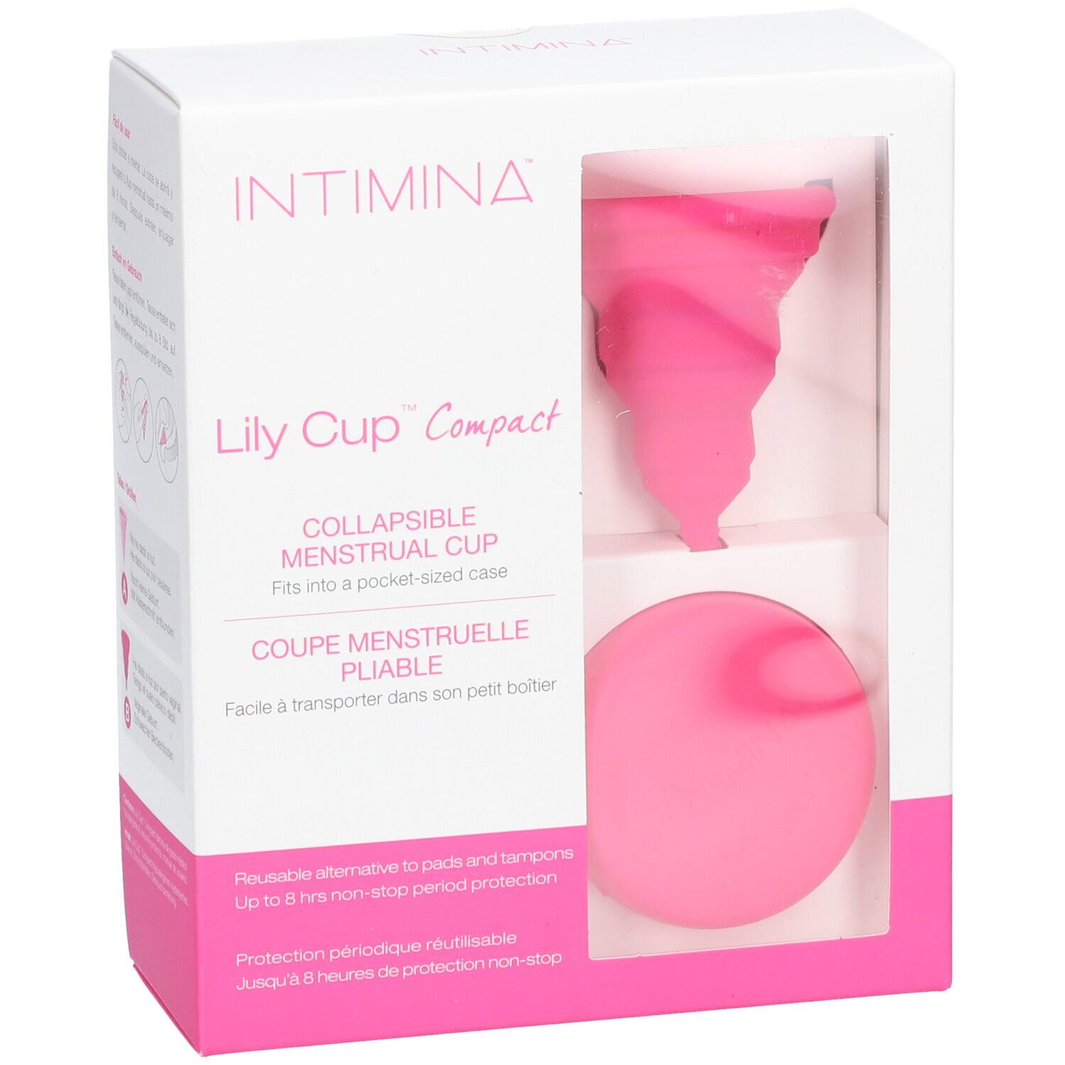 INTIMINA Lily Cup Compact B. Menstruationstasse und Etui in Verpackung. Sichtfenster.