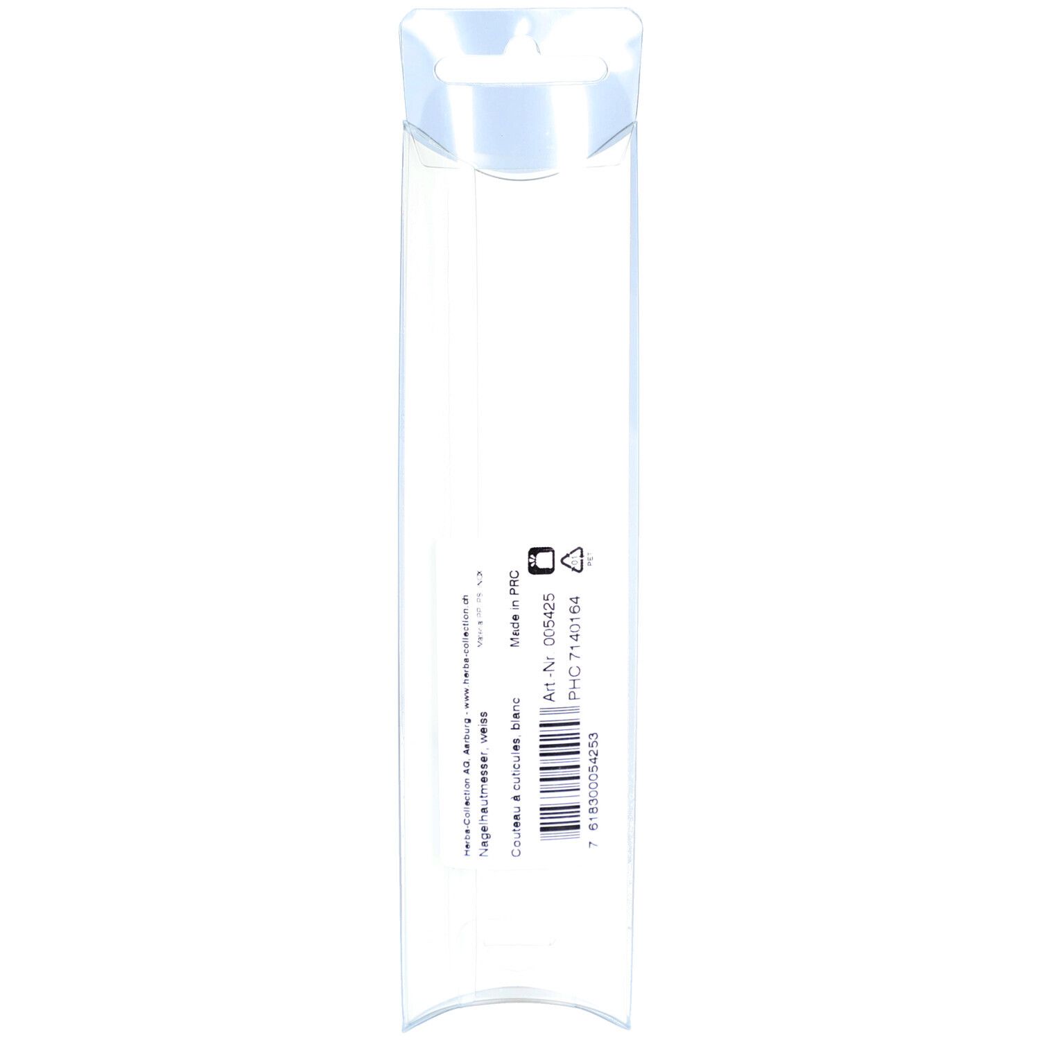 Transparente Verpackung für HERBA Cuticle-Couteau blanc. Barcode und Produktinformationen aufgedruckt.