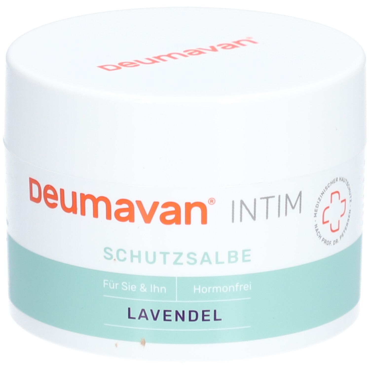 Weißer Tiegel mit rotem Deckelaufdruck. Aufschrift: Deumavan Intim, Schutzsalbe, Lavendel. Grün-weißer Streifen.