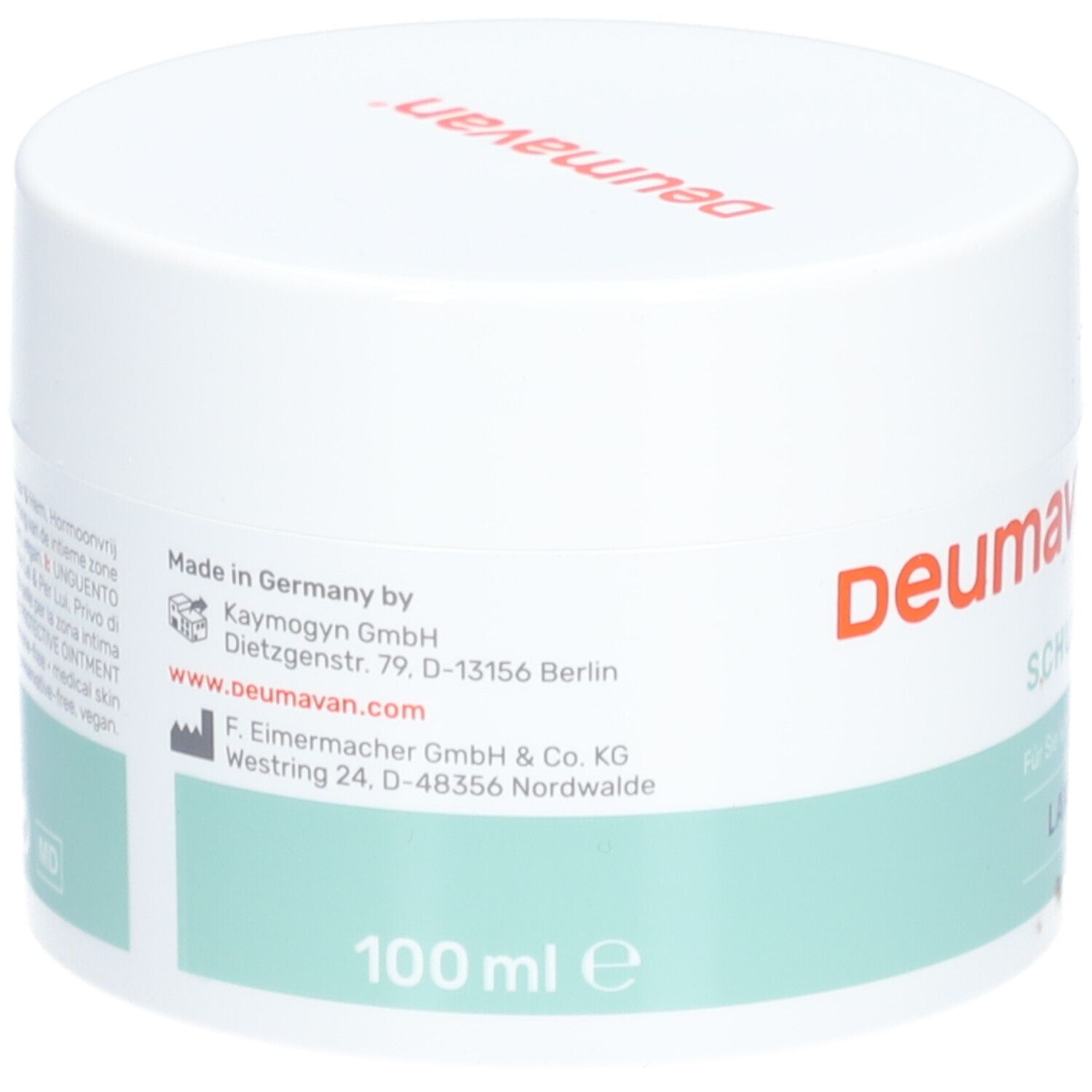 Weißer Tiegel mit rotem Deckelaufdruck. Aufschrift: Deumavan. Aufkleber mit Text und 100 ml. Hergestellt in Deutschland.