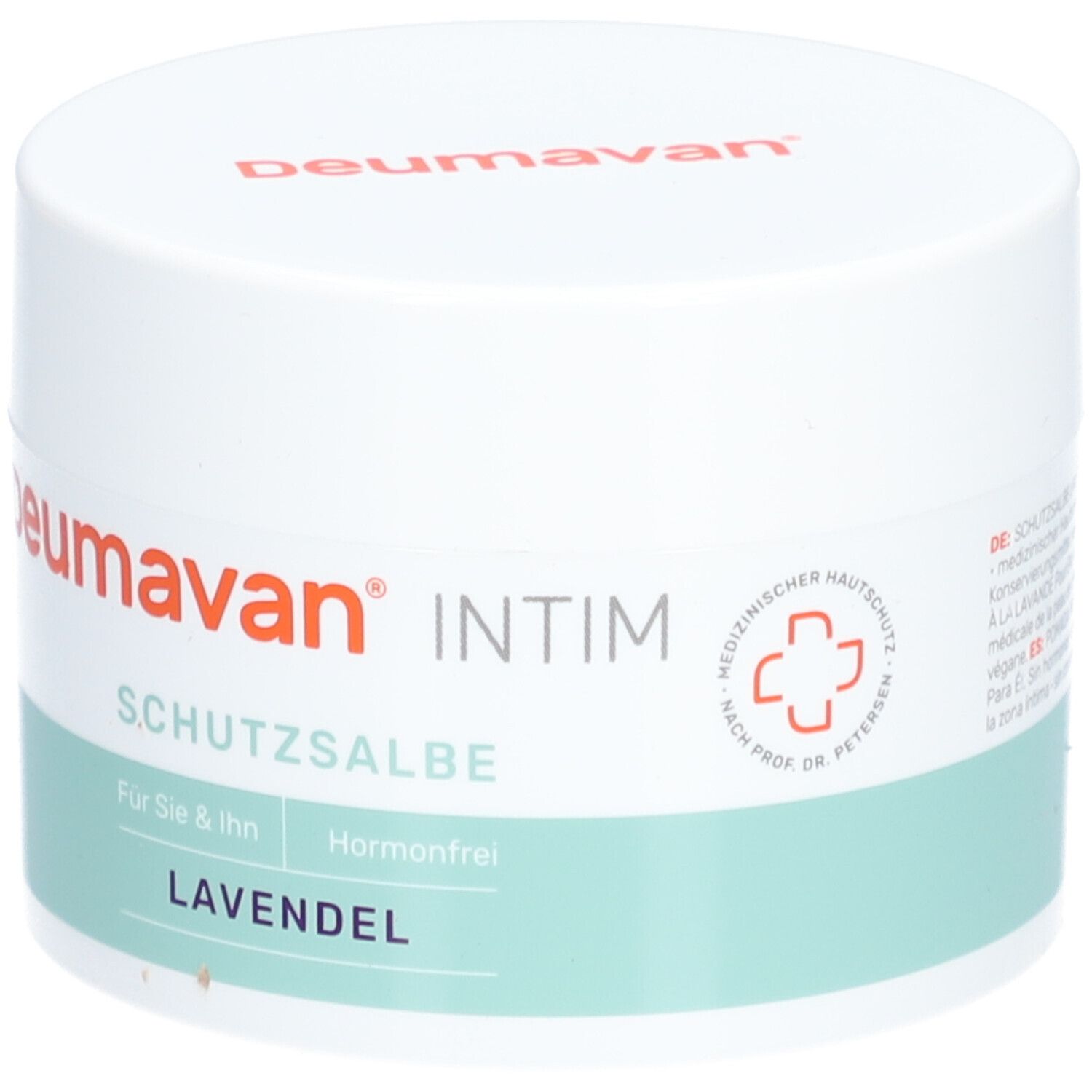 Weißer Tiegel mit rotem Deckelaufdruck. Aufschrift: Deumavan Intim, Schutzsalbe, Lavendel. Grün-weißer Streifen. Medizinisches Logo.