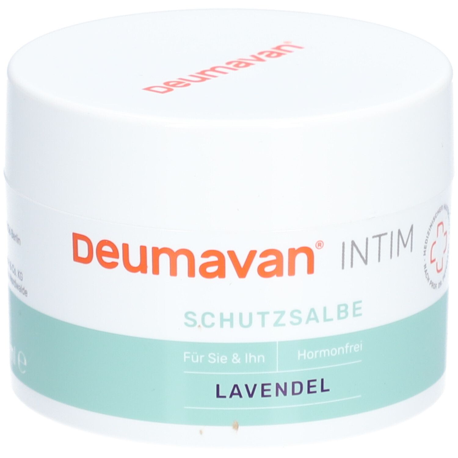 Weißer Tiegel mit rotem Deckelaufdruck. Aufschrift: Deumavan Intim, Schutzsalbe, Lavendel. Grün-weißer Streifen. Medizinisches Logo.