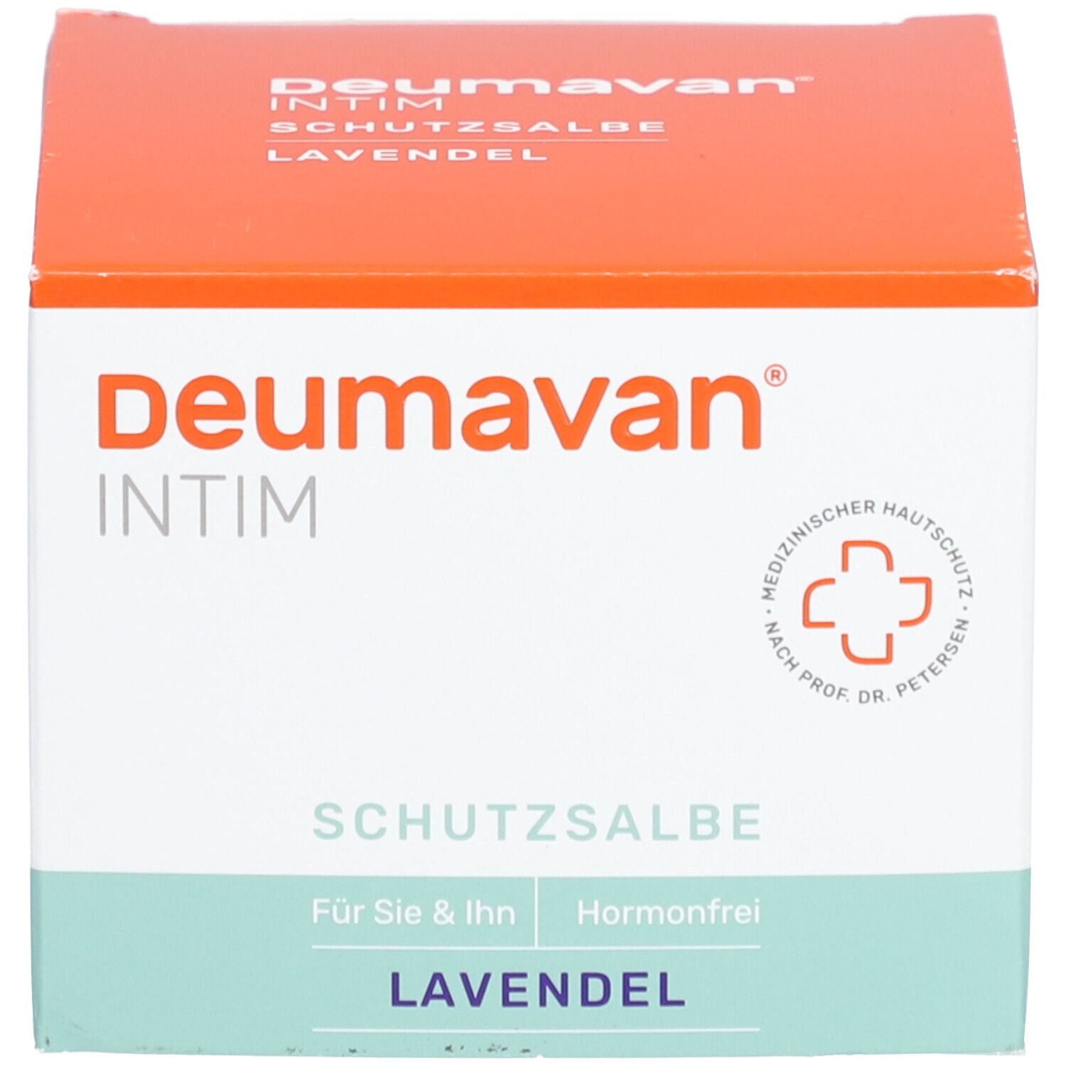 Produktverpackung: Orangefarbener Karton. Aufschrift: Deumavan Intim, Schutzsalbe, Lavendel. Medizinisches Logo. Grün-weißer Streifen.