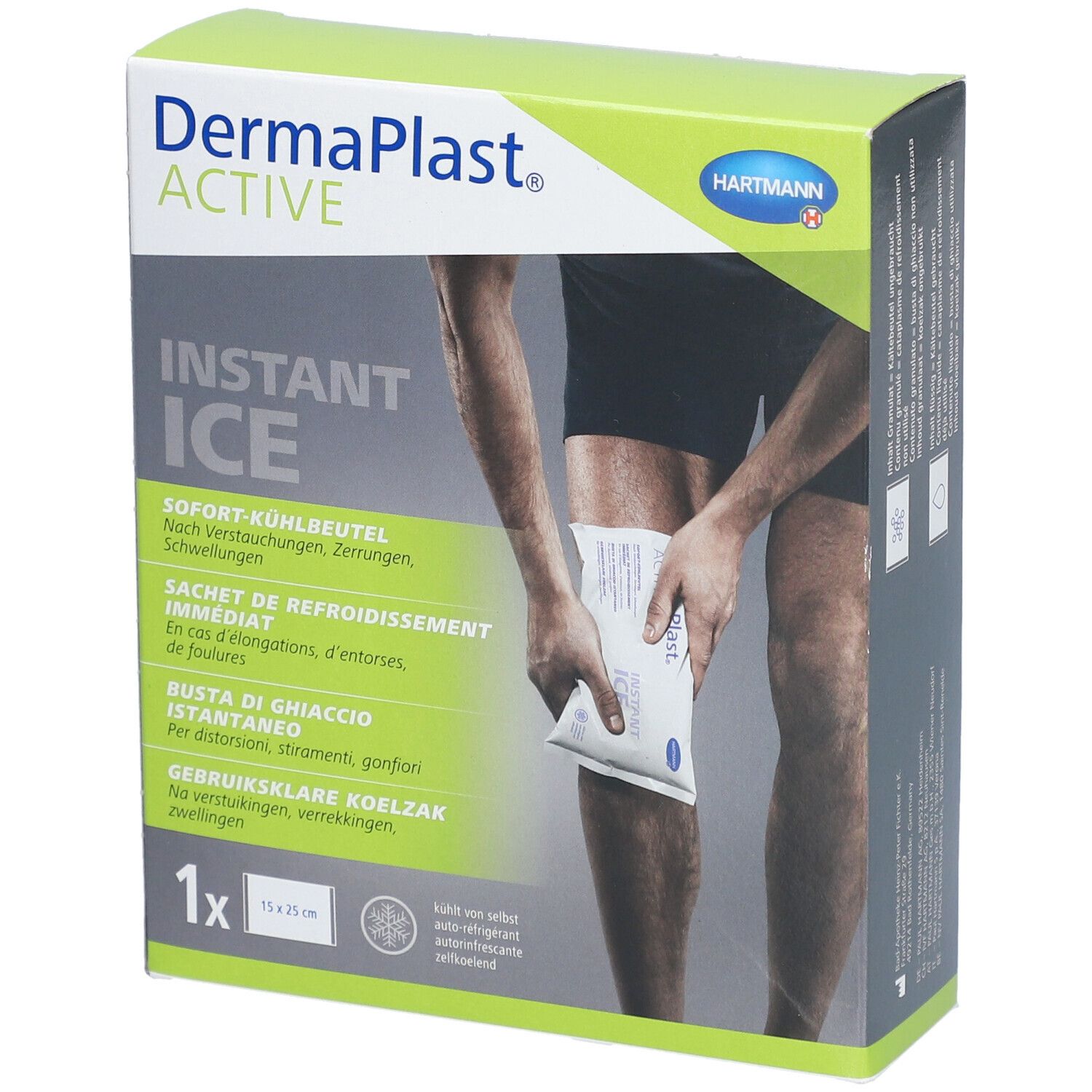 Schachtel mit Dermaplast Active Instant Ice. Person hält Kühlbeutel am Knie. Text: Sofort-Kühlbeutel, 1x 15 x 25 cm.