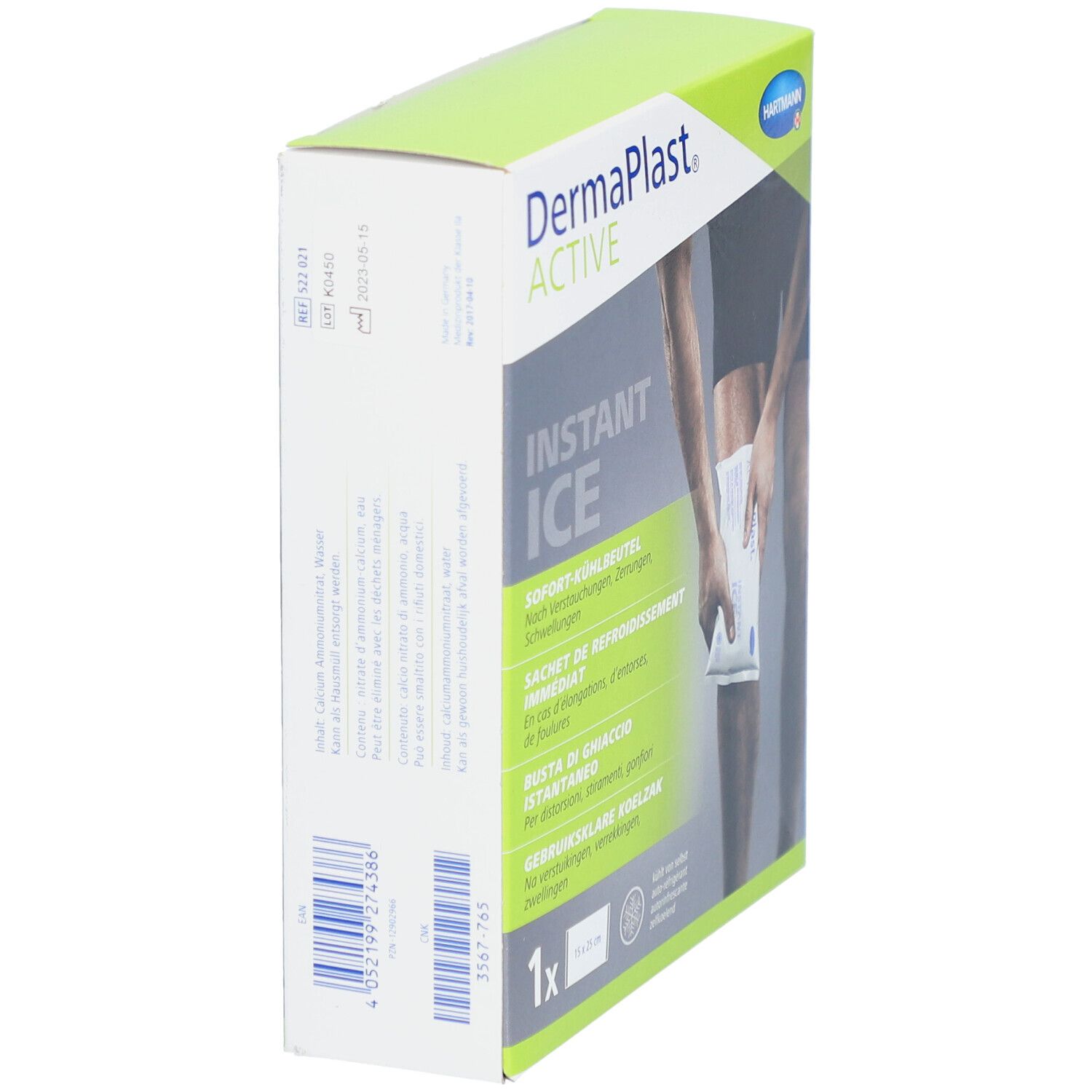 Schachtel Dermaplast Active Instant Ice, Seitenansicht. Text: Sofort-Kühlbeutel, Sachet de refroidissement immédiat, Busta di ghiaccio istantaneo, Gebruiksklare koelzak.