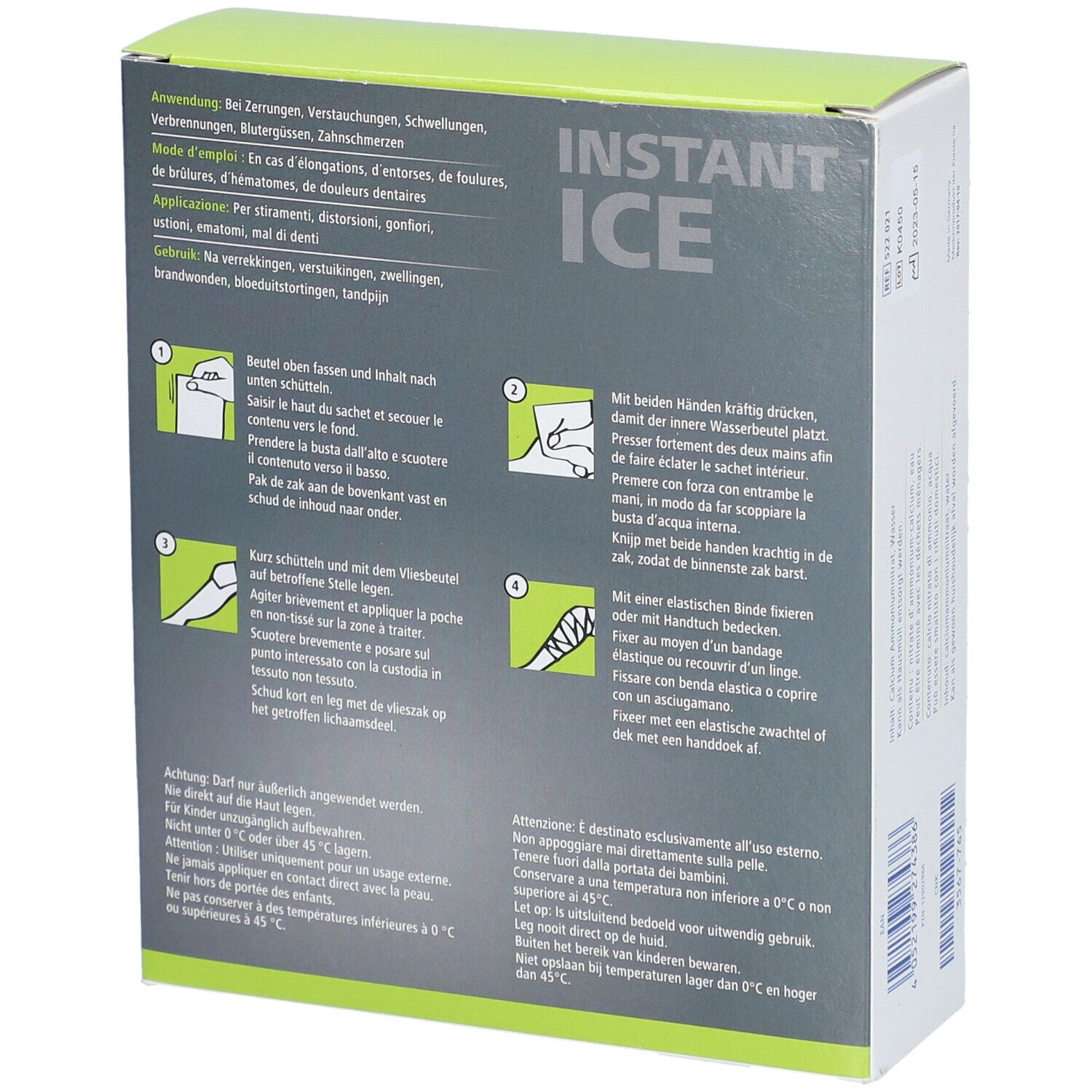 Rückseite der Dermaplast Active Instant Ice Schachtel. Illustrationen zur Anwendung. Text in Deutsch, Französisch, Italienisch, Niederländisch.