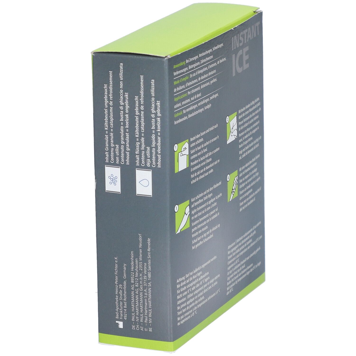 Seite der Dermaplast Active Instant Ice Schachtel. Text: Inhalt Granulat, Inhalt flüssig, Inhalt minimieren. Illustrationen.