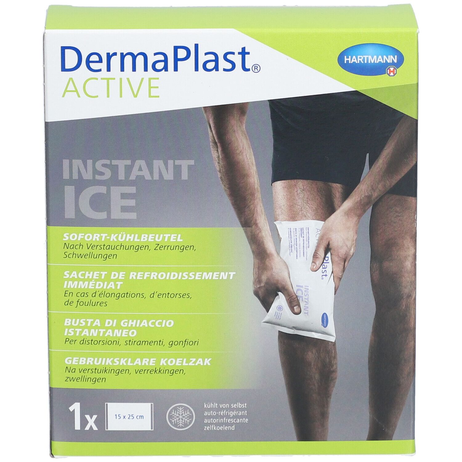 Schachtel mit Dermaplast Active Instant Ice. Person hält Kühlbeutel am Knie. Text: Sofort-Kühlbeutel, 1x 15 x 25 cm.