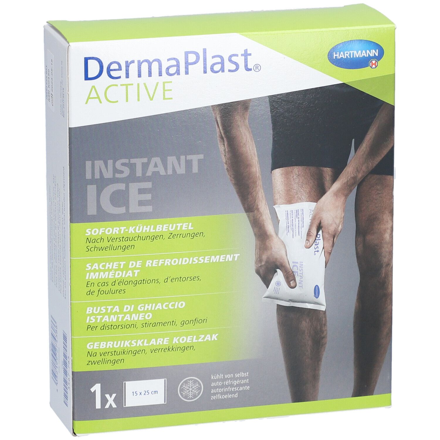 Schachtel mit Dermaplast Active Instant Ice. Person hält Kühlbeutel am Knie. Text: Sofort-Kühlbeutel, 1x 15 x 25 cm.