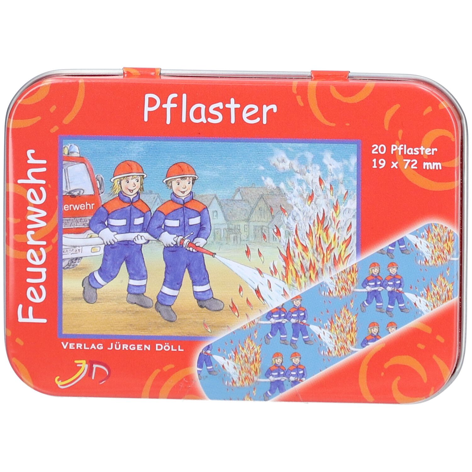 Rote Metallbox mit Feuerwehr-Motiv und Pflaster-Abbildung. Enthält 20 Pflaster, 19 x 72 mm.
