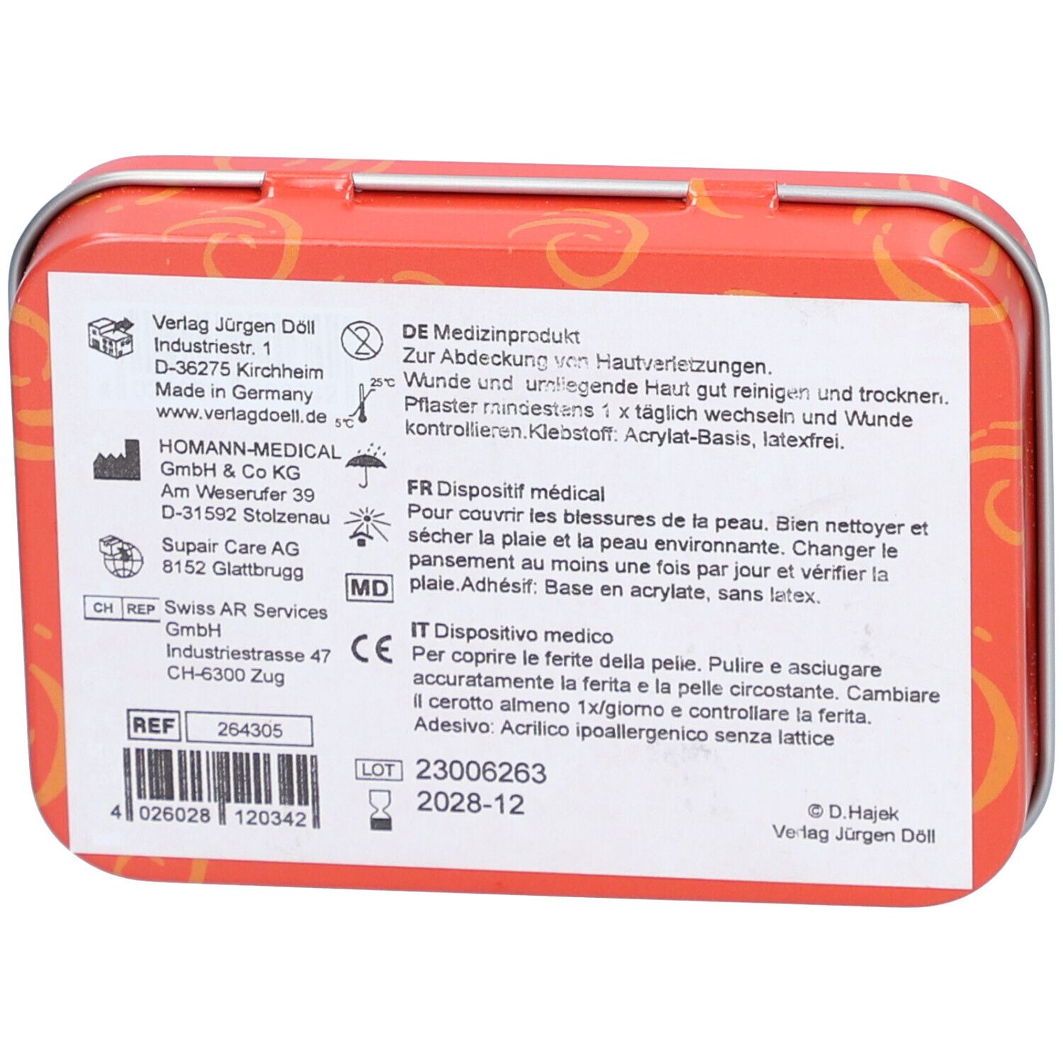 Rückseite der roten Metallbox mit Text. Medizinprodukt. Informationen zu Inhaltsstoffen und Anwendung.