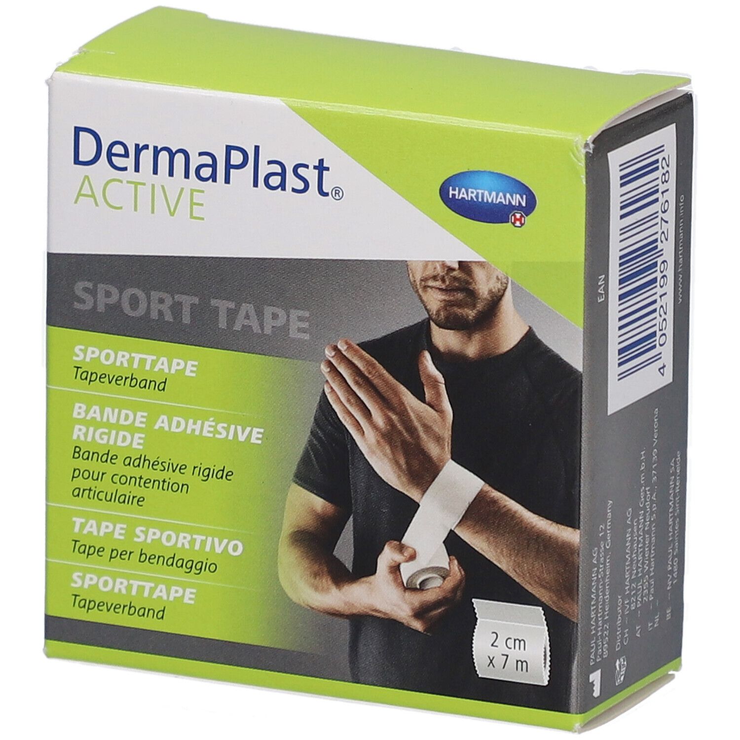 Boîte verte et blanche. Inscription: DermaPlast Active Sport Tape. 2 cm x 7 m. Homme avec du tape sportif au poignet.
