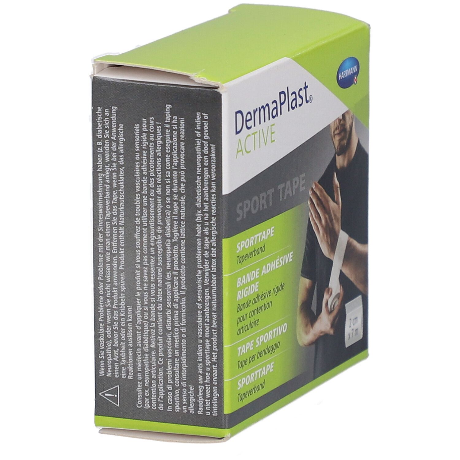 Emballage de DermaPlast Active Sport Tape. Texte multilingue. Dos avec avertissements et mode d'emploi.