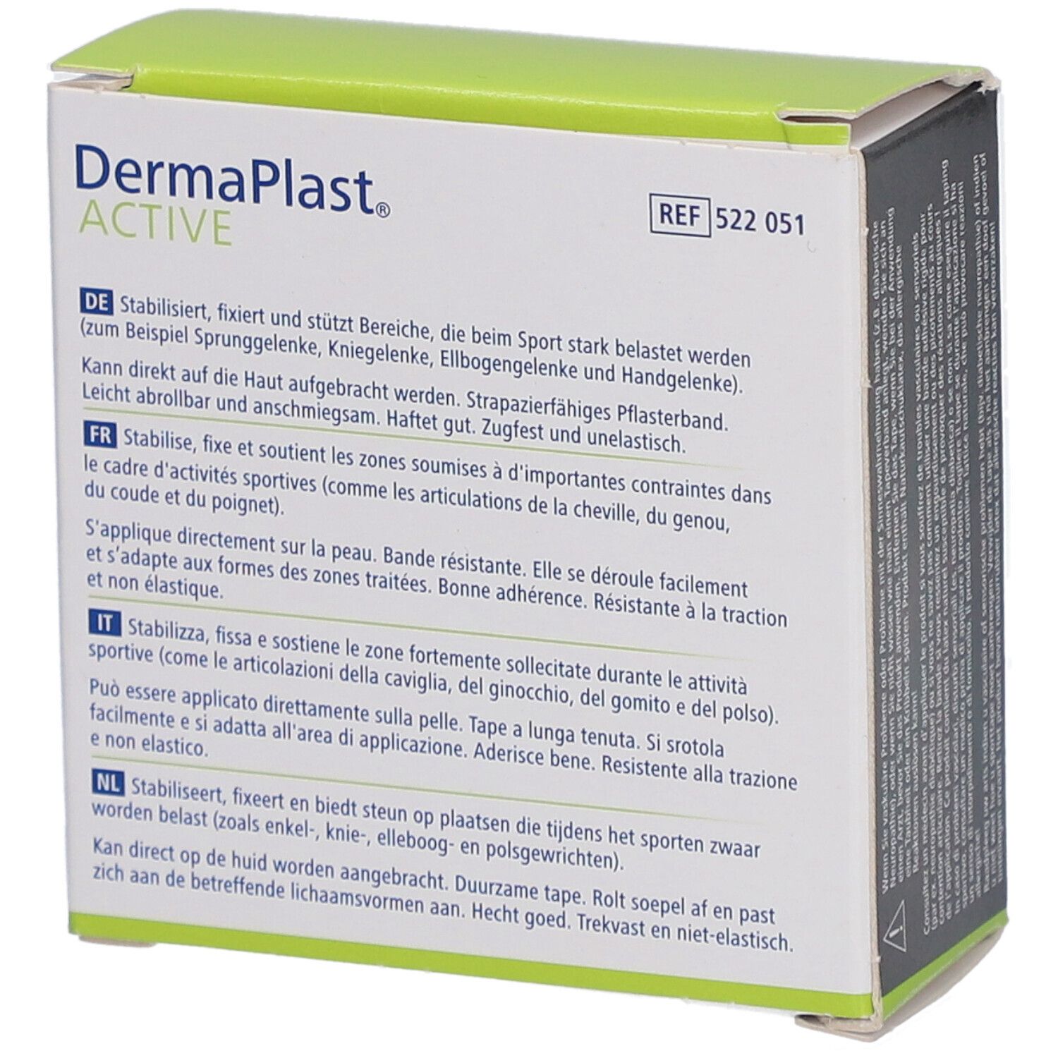 Emballage de DermaPlast Active Sport Tape. Texte multilingue. Description de l'utilisation et des propriétés.