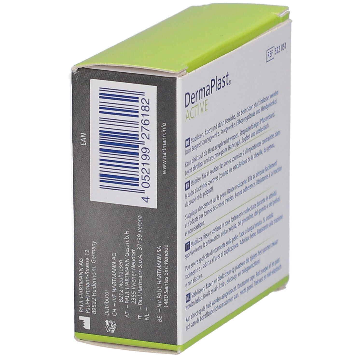 Emballage de DermaPlast Active Sport Tape. Code-barres et coordonnées. Couleurs vertes et grises.