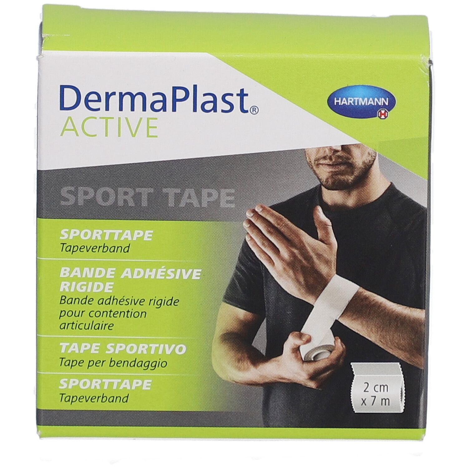 Boîte verte et blanche. Inscription: DermaPlast Active Sport Tape. 2 cm x 7 m. Homme avec du tape sportif au poignet.