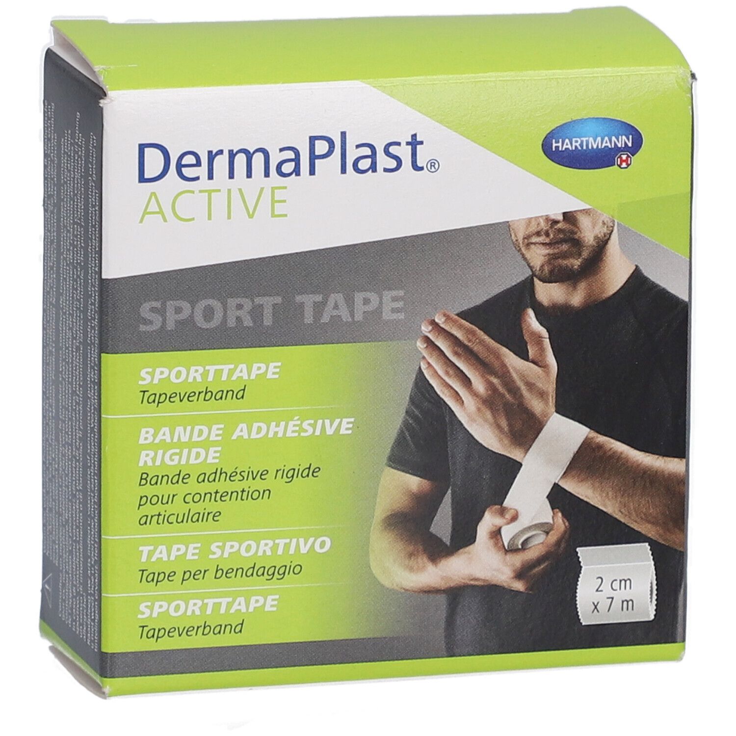 Boîte verte et blanche. Inscription: DermaPlast Active Sport Tape. 2 cm x 7 m. Homme avec du tape sportif au poignet.