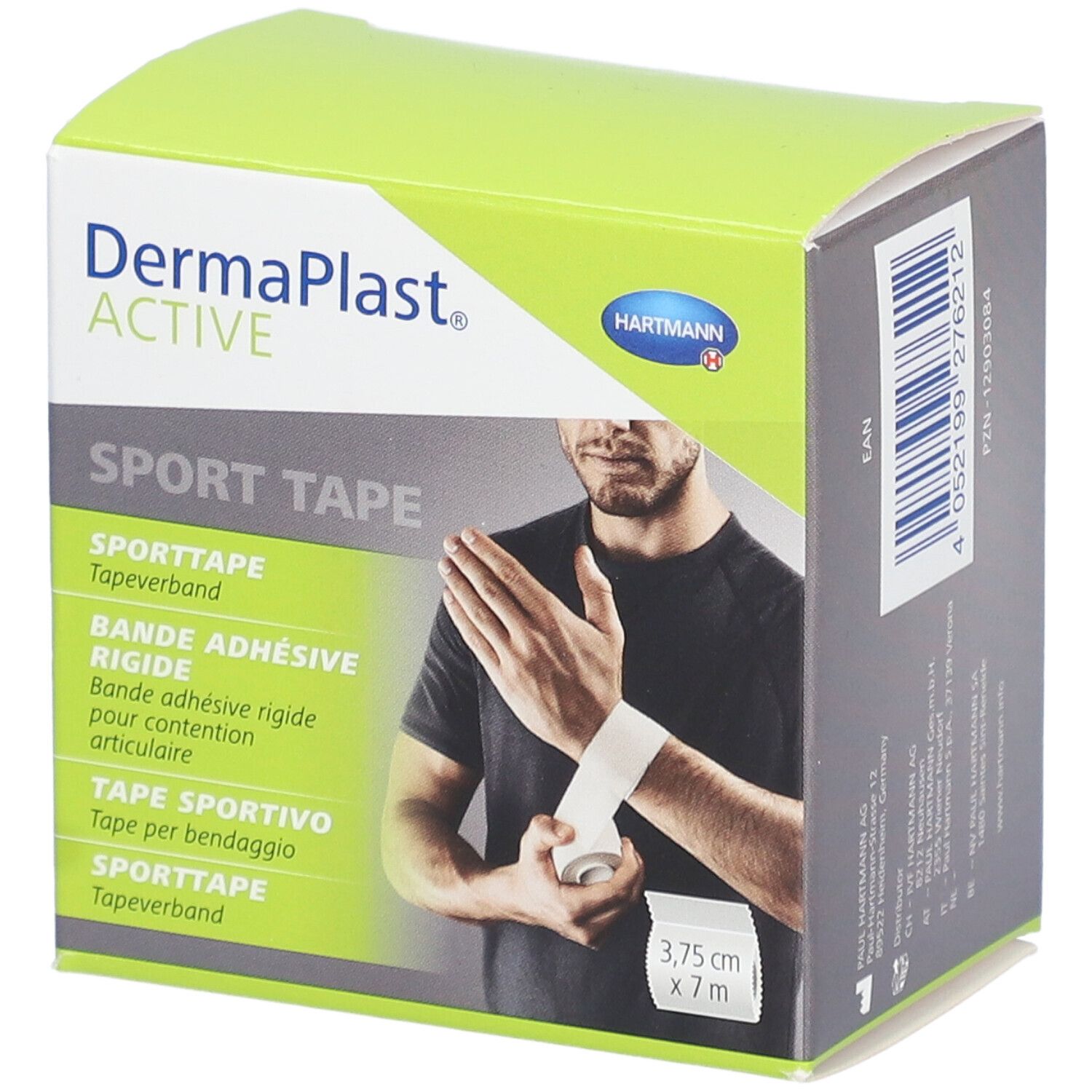 Boîte de DermaPlast ACTIVE Sport Tape. Emballage vert et blanc avec image et texte. Dimensions : 3,75 cm x 7 m.