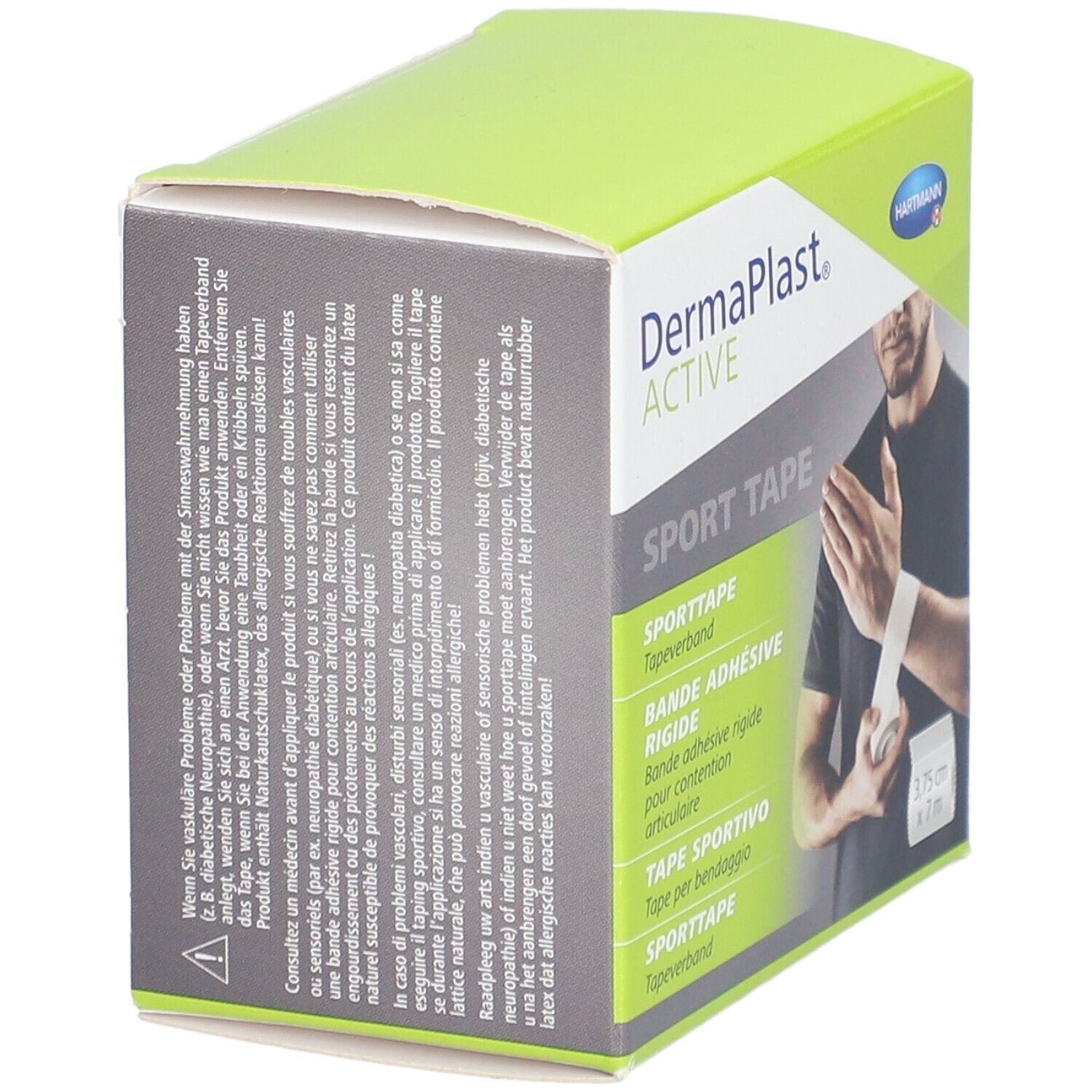 Boîte de DermaPlast ACTIVE Sport Tape. Emballage vert et blanc avec texte et image. Dos avec texte multilingue.