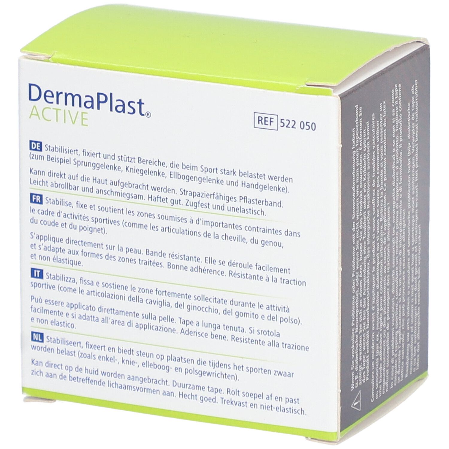 Dos de l'emballage DermaPlast ACTIVE Sport Tape. Texte multilingue. Numéro de référence 522 050.