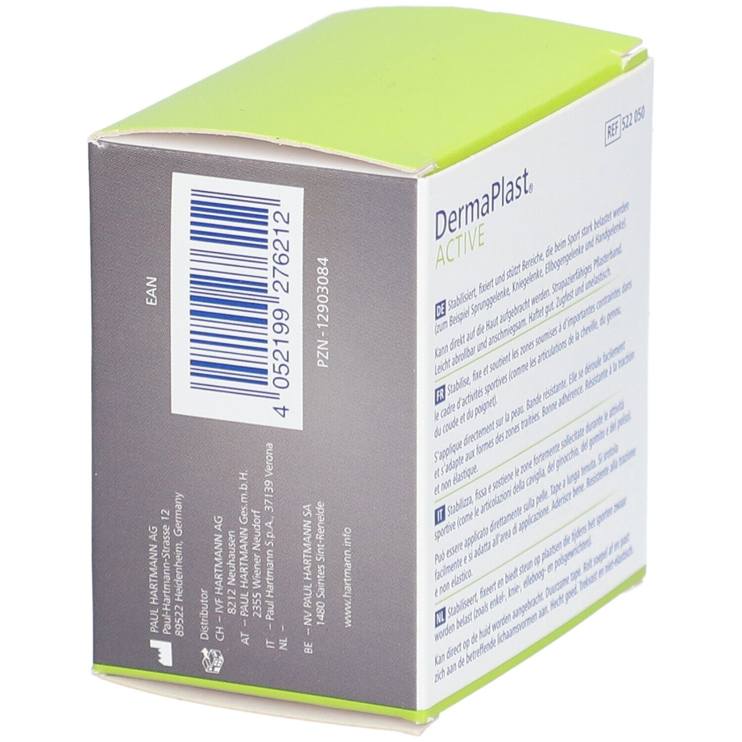 Emballage de DermaPlast ACTIVE Sport Tape. Code EAN et autres informations. Adresse du fabricant.