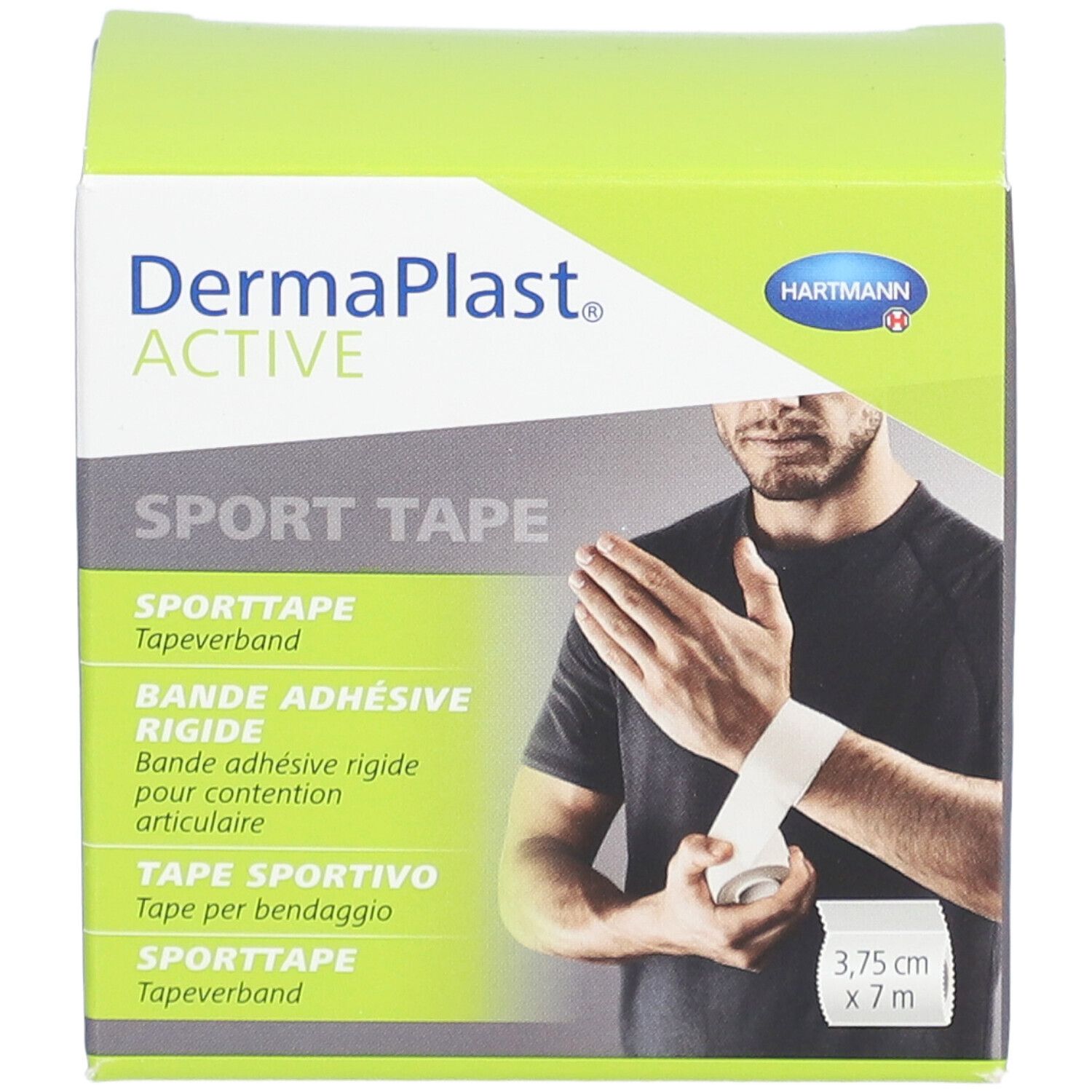 Emballage DermaPlast ACTIVE Sport Tape. Boîte verte et blanche avec image et texte. Dimensions : 3,75 cm x 7 m.