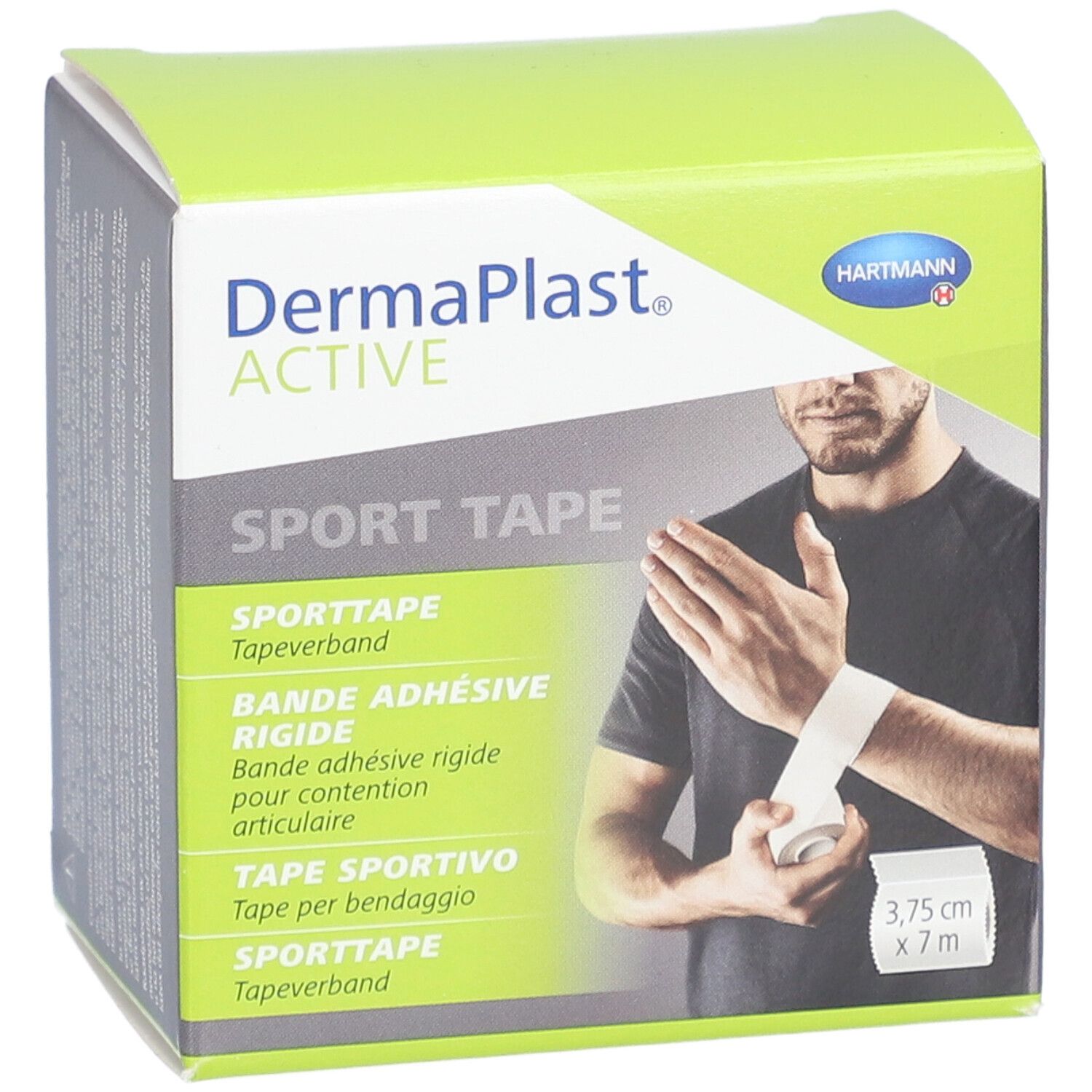 Emballage DermaPlast ACTIVE Sport Tape. Boîte verte et blanche avec image et texte. Dimensions : 3,75 cm x 7 m.