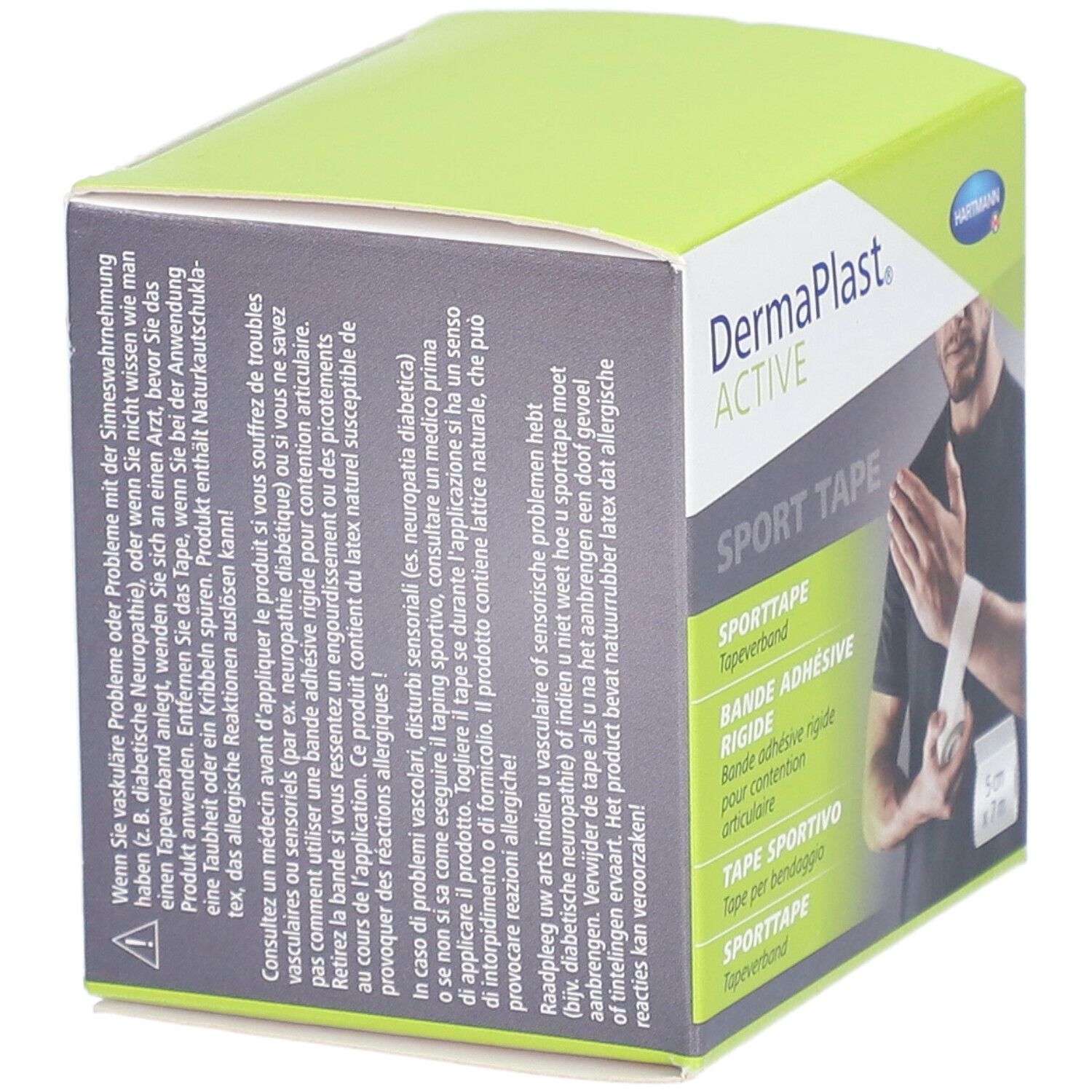 Dos de l'emballage Dermaplast Active Sport Tape. Texte multilingue. Boîte verte et blanche.