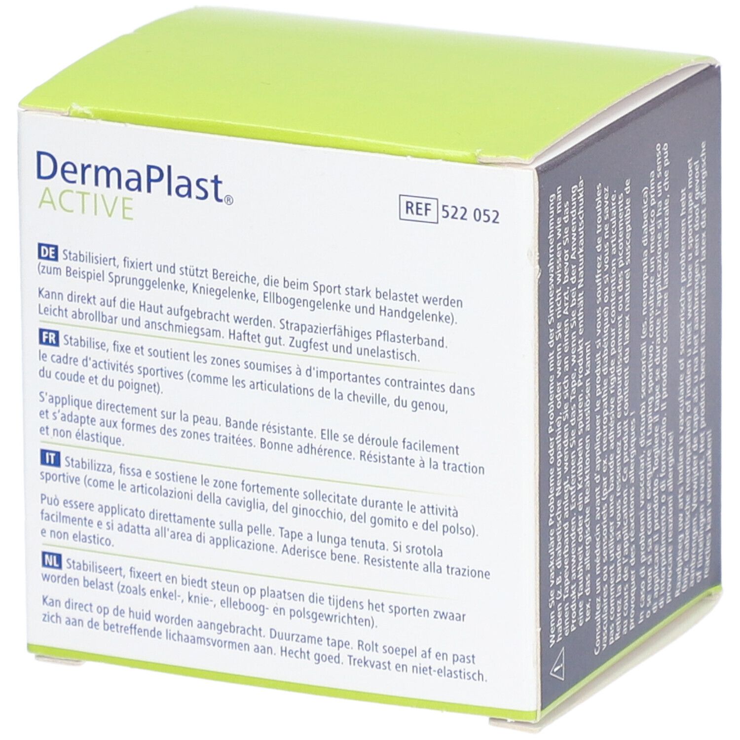 Côté de l'emballage Dermaplast Active Sport Tape. Texte multilingue. Boîte verte et blanche.