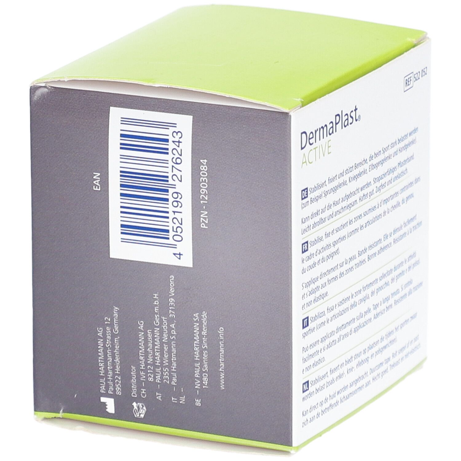 Côté de l'emballage Dermaplast Active Sport Tape. Code-barres et informations fabricant. Boîte verte et blanche.