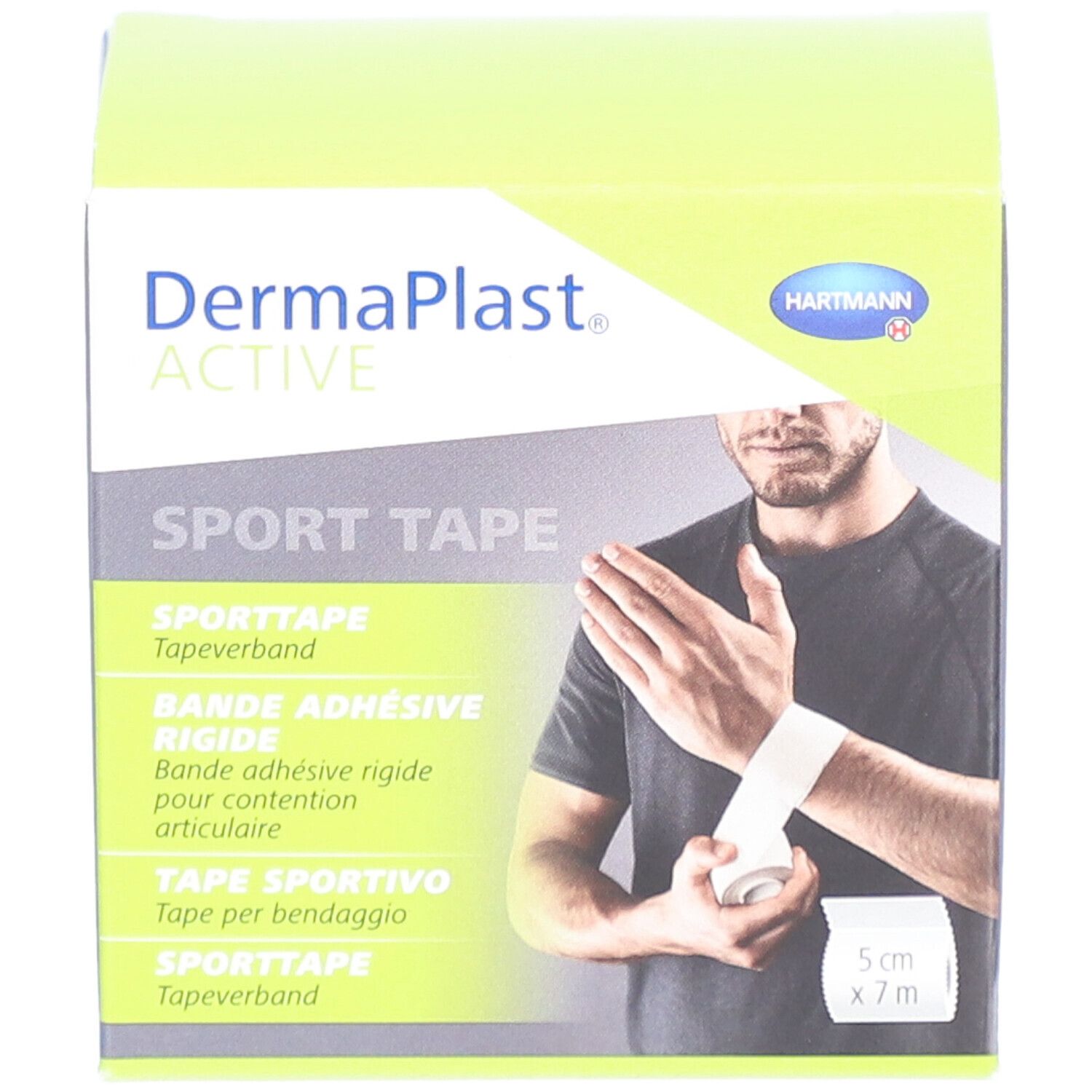 Face avant de l'emballage Dermaplast Active Sport Tape. Nom du produit et logo. 5 cm x 7 m.