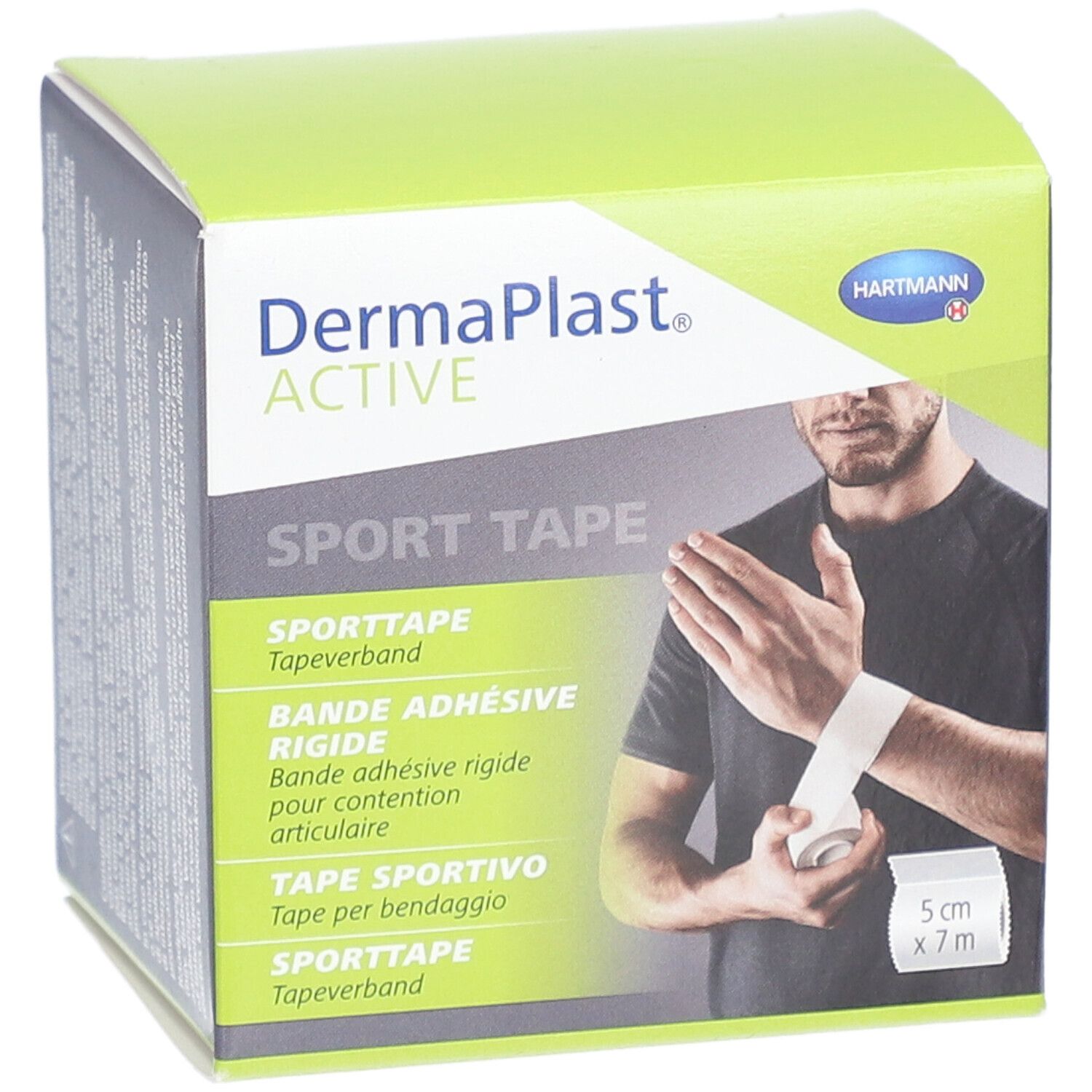 Face avant de l'emballage Dermaplast Active Sport Tape. Nom du produit et logo. 5 cm x 7 m.