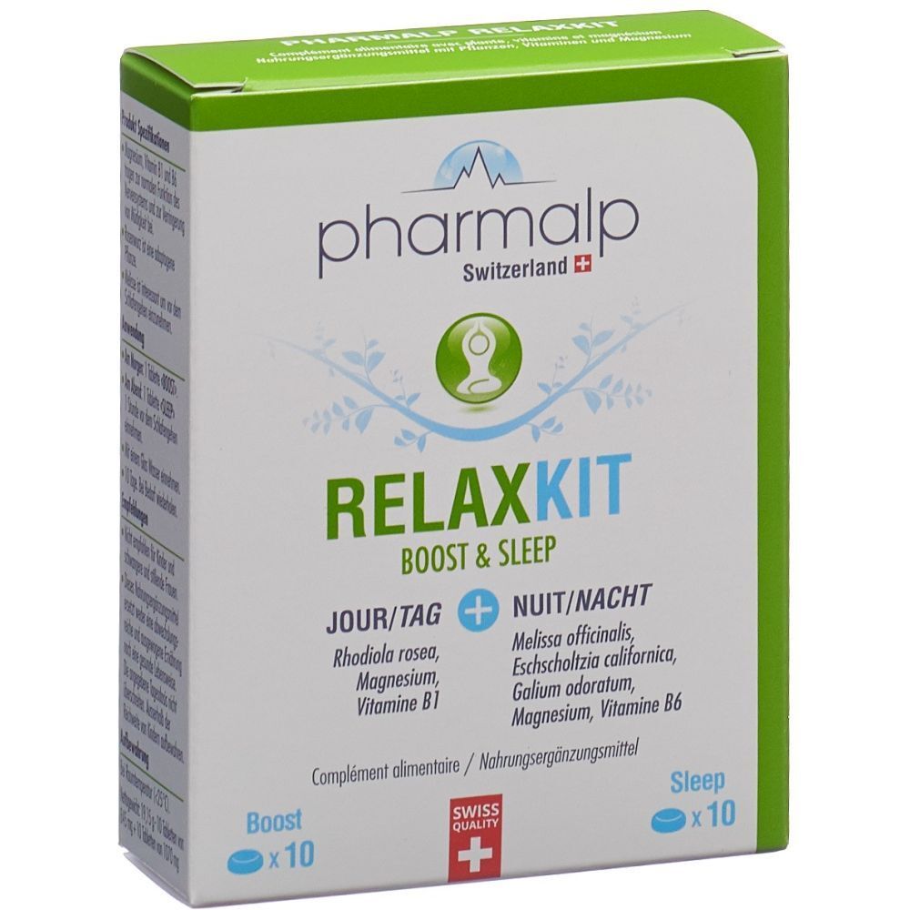 Boîte PHARMALP Relaxkit, vert et blanc. Texte: Relaxkit Boost & Sleep, Swiss Quality. Contient 10 comprimés Boost et 10 Sleep.