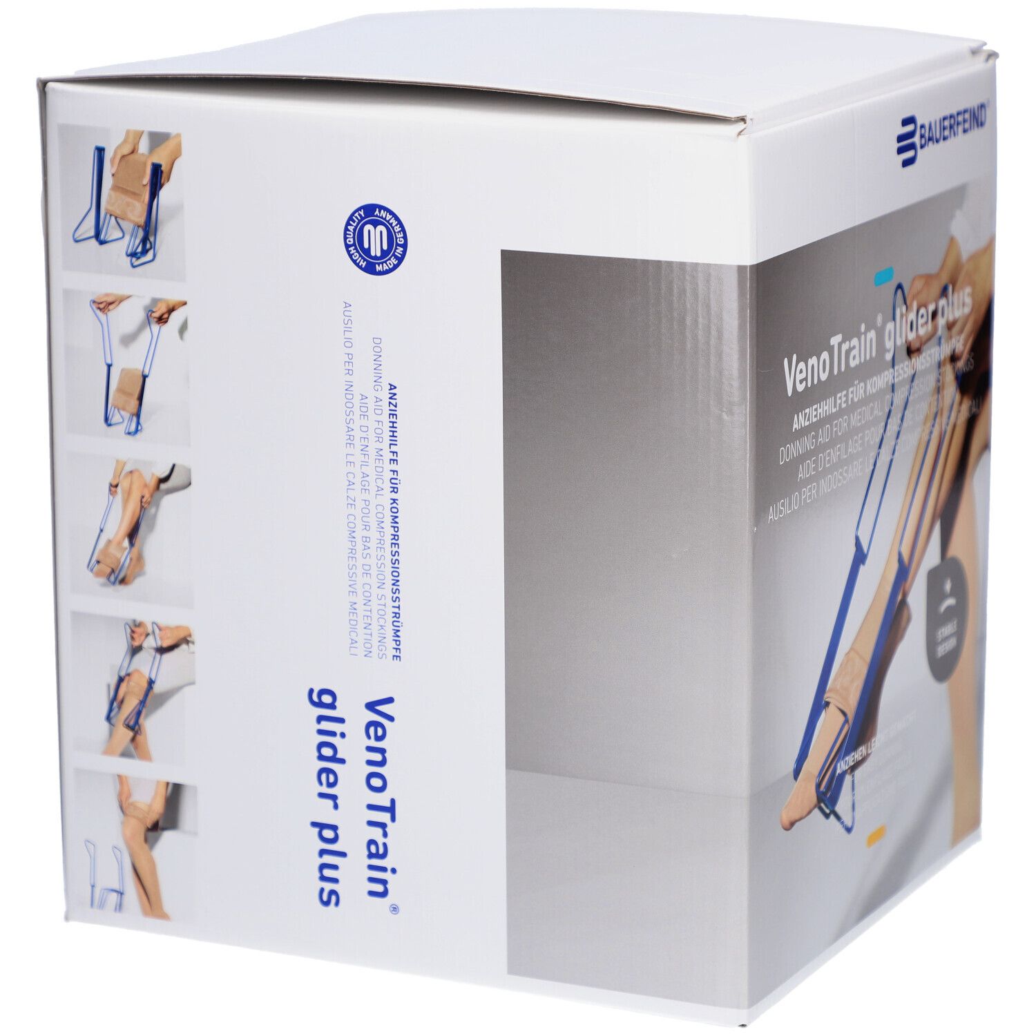 Verpackung der Anziehhilfe. Mehrere Anwendungsszenarien auf der Verpackung abgebildet. Marke und Produktname deutlich sichtbar.