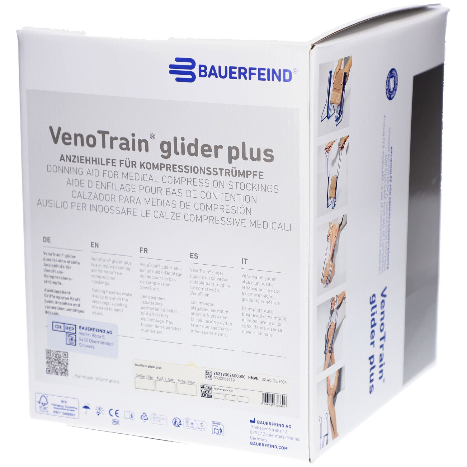 Verpackung der Anziehhilfe. Produktname und Marke deutlich sichtbar. Mehrsprachige Produktinformationen auf der Verpackung.