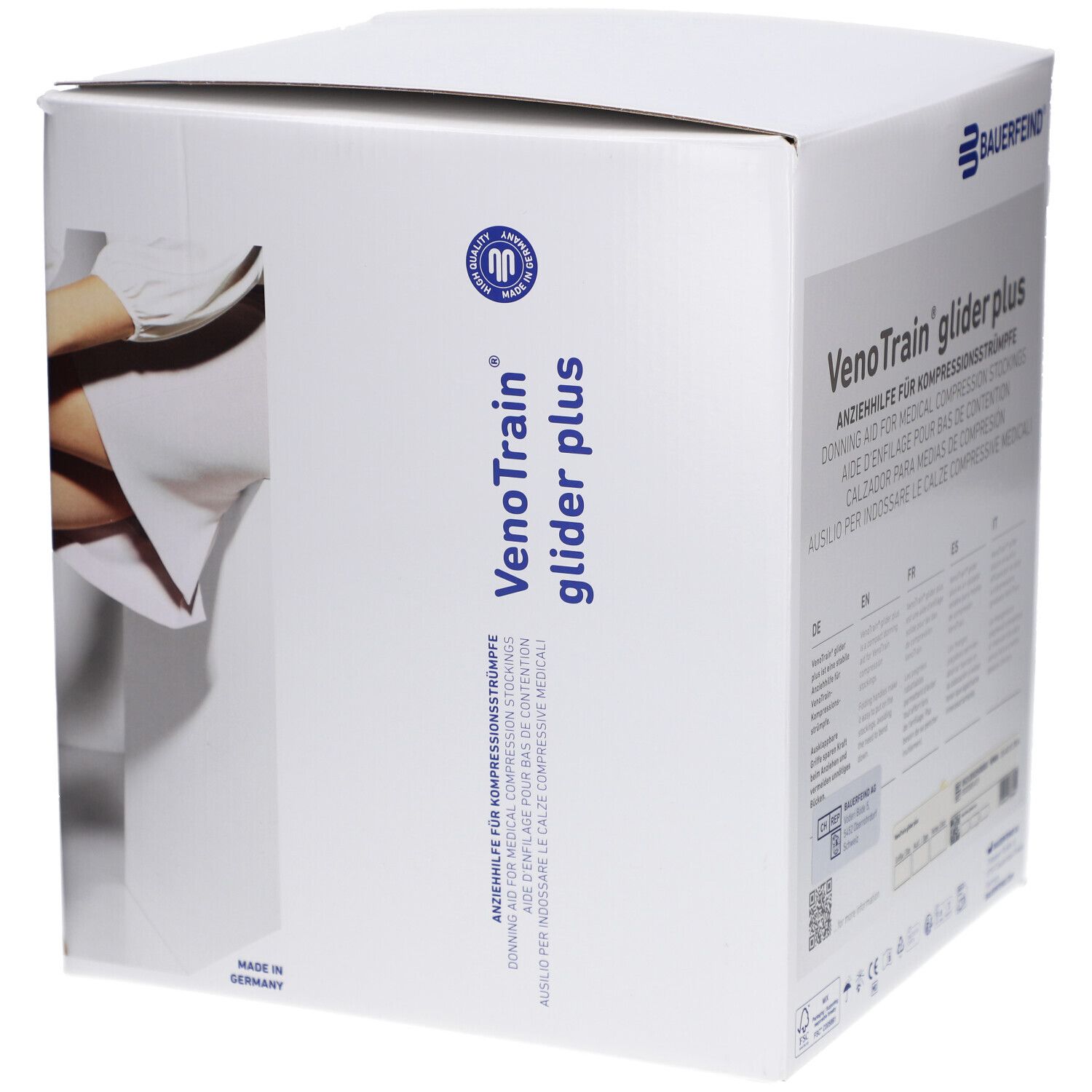 Verpackung der Anziehhilfe. Produktname und Marke deutlich sichtbar. Verpackung aus Karton.