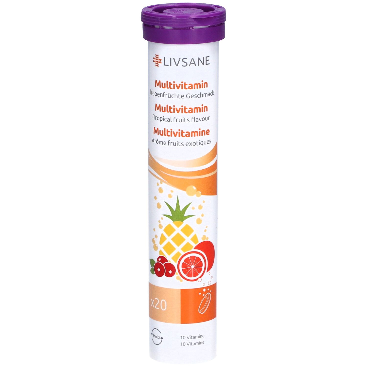 LIVSANE Multivitamin-Brausetabletten. Tropische Früchte. Zylinderförmige Verpackung mit lila Deckel. Illustrationen von Früchten.