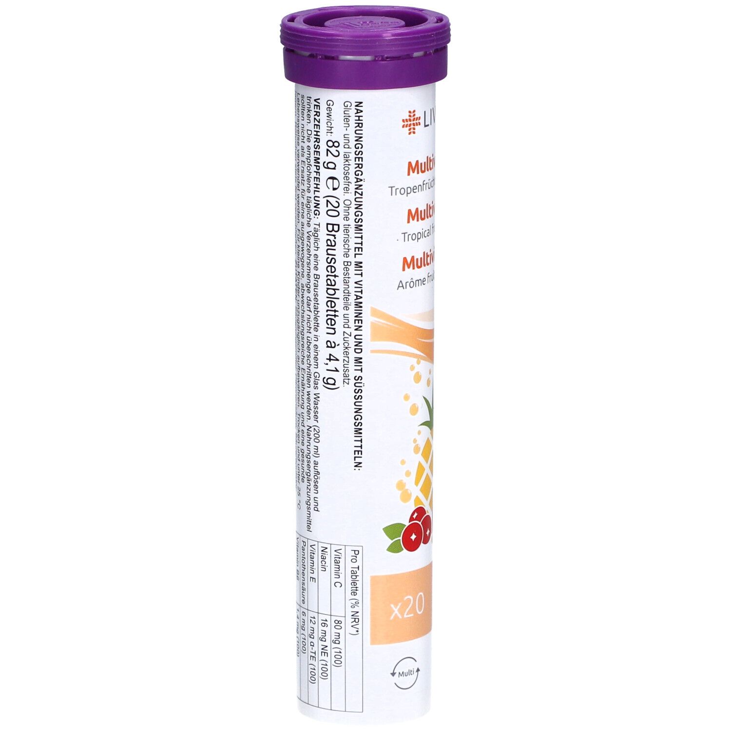 LIVSANE Multivitamin-Brausetabletten. Rückseite der Verpackung mit Inhaltsstoffen und Nährwertangaben. Text in Deutsch.